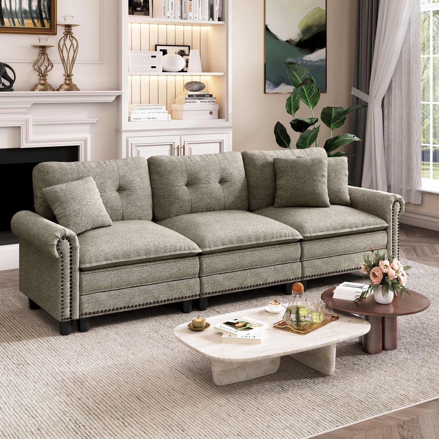 Captiva Designs Mid-Century Modern Modular Cloud Couch with Ottoman, Deep Seat Sectional Sofa with Throw Pillows