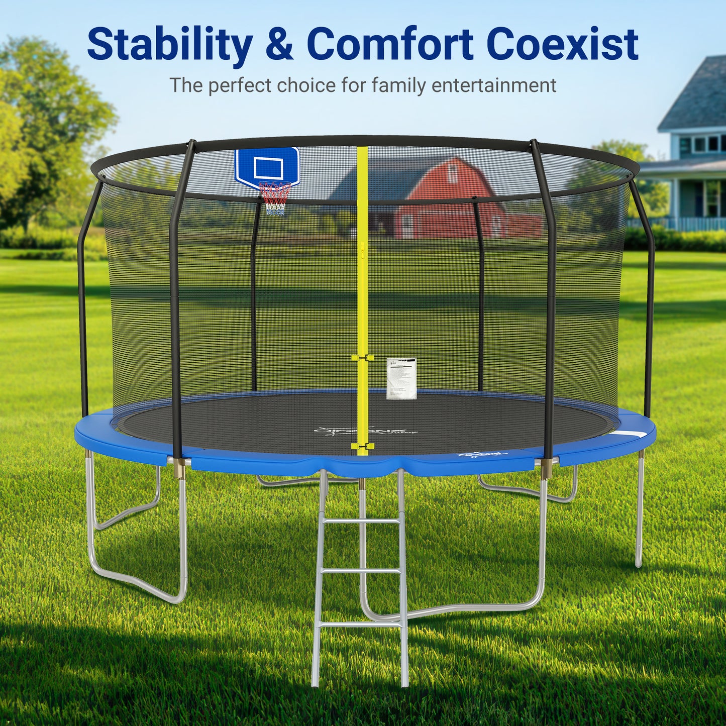 Captiva Designs Trampoline with Basketball Hoop, 14FT/15FT ASTM Approved Outdoor Trampoline with Safety Net & Ladder