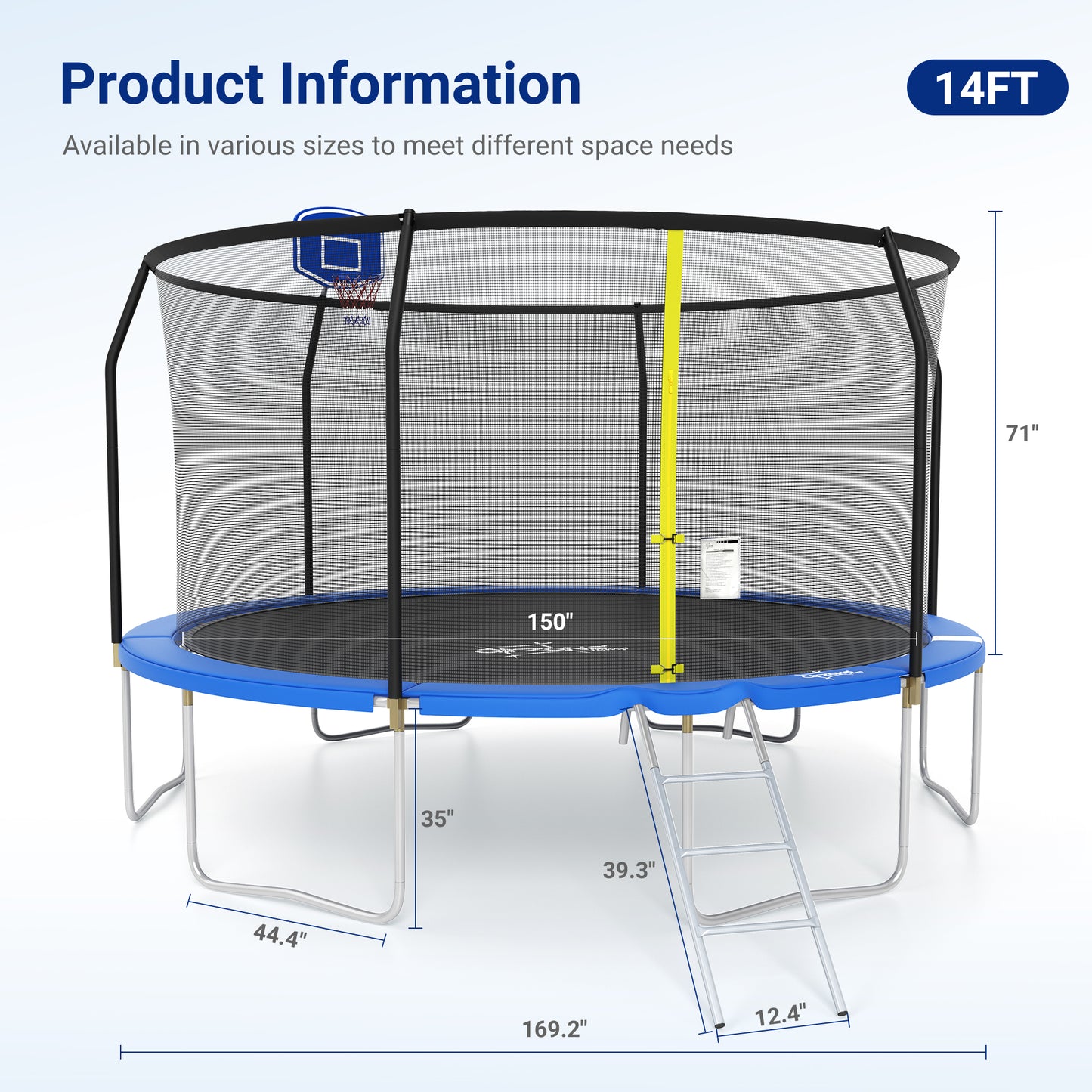 Captiva Designs Trampoline with Basketball Hoop, 14FT/15FT ASTM Approved Outdoor Trampoline with Safety Net & Ladder
