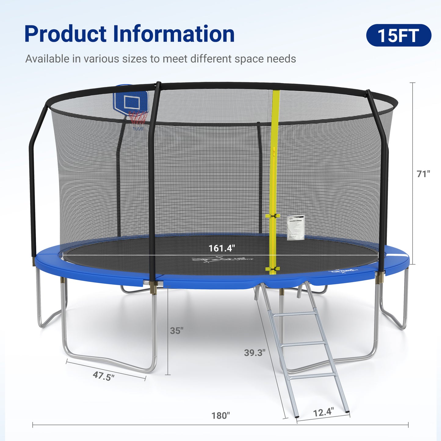 Captiva Designs Trampoline with Basketball Hoop, 14FT/15FT ASTM Approved Outdoor Trampoline with Safety Net & Ladder
