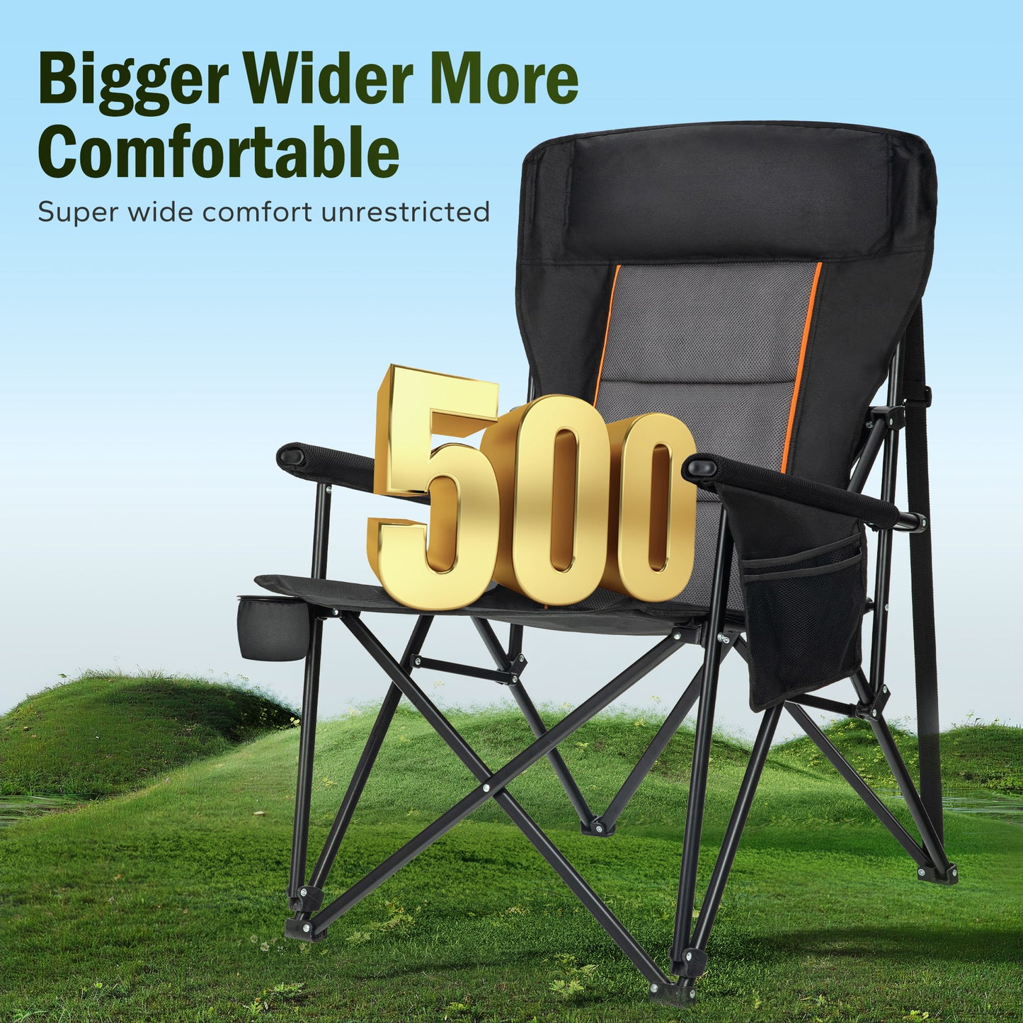 Captiva Designs Heavy Duty XL Camping Chair with Headrest, Cup Holder & Side Pocket, 500 lbs Capacity