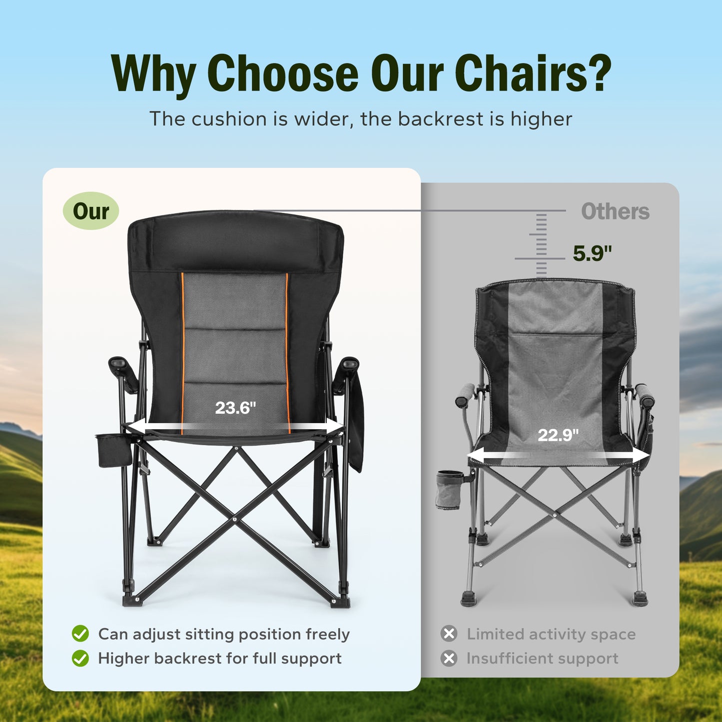 Captiva Designs Heavy Duty XL Camping Chair with Headrest, Cup Holder & Side Pocket, 500 lbs Capacity