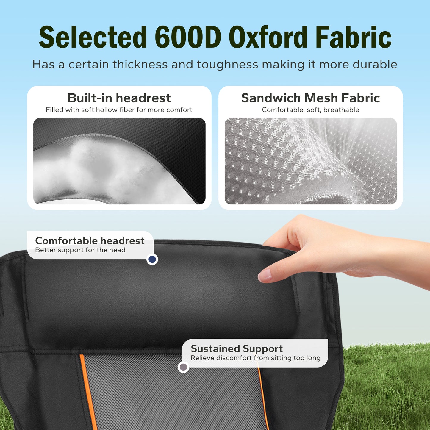 Captiva Designs Heavy Duty XL Camping Chair with Headrest, Cup Holder & Side Pocket, 500 lbs Capacity