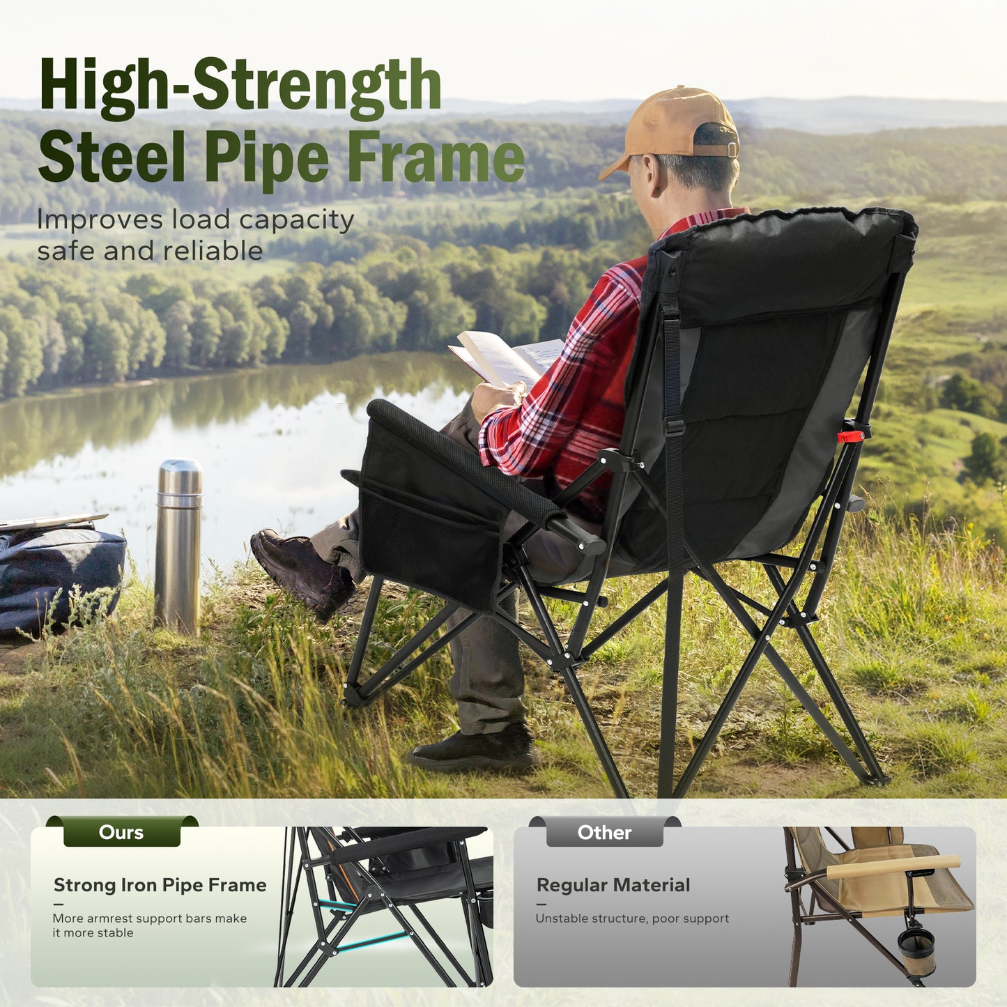 Captiva Designs Heavy Duty XL Camping Chair with Headrest, Cup Holder & Side Pocket, 500 lbs Capacity