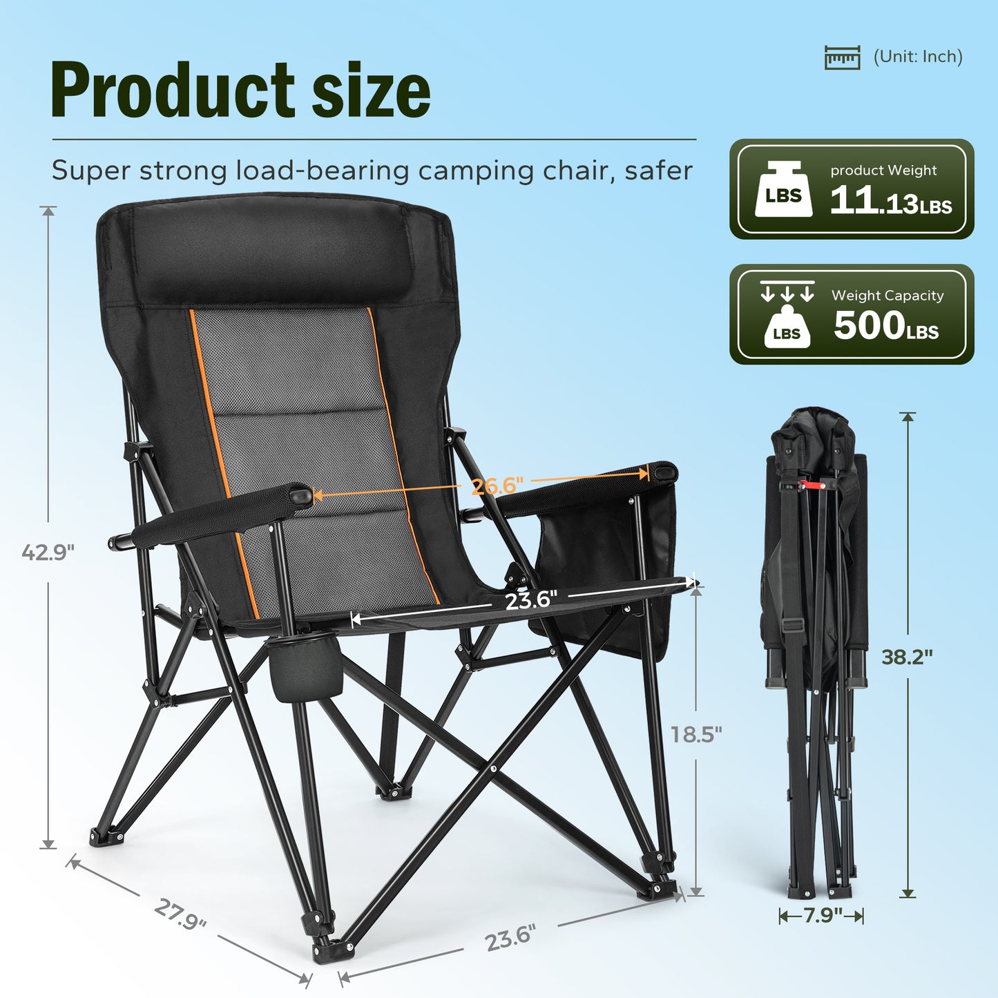 Captiva Designs Heavy Duty XL Camping Chair with Headrest, Cup Holder & Side Pocket, 500 lbs Capacity