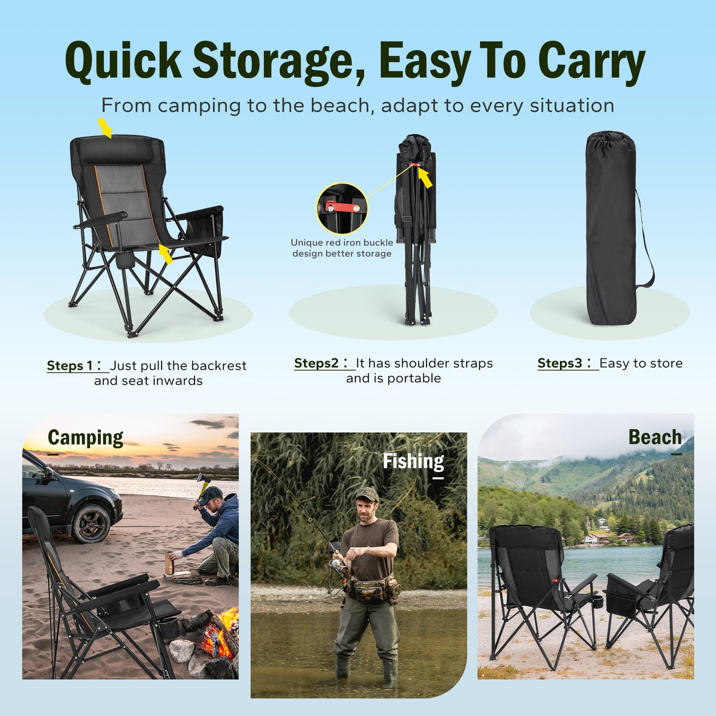 Captiva Designs Heavy Duty XL Camping Chair with Headrest, Cup Holder & Side Pocket, 500 lbs Capacity