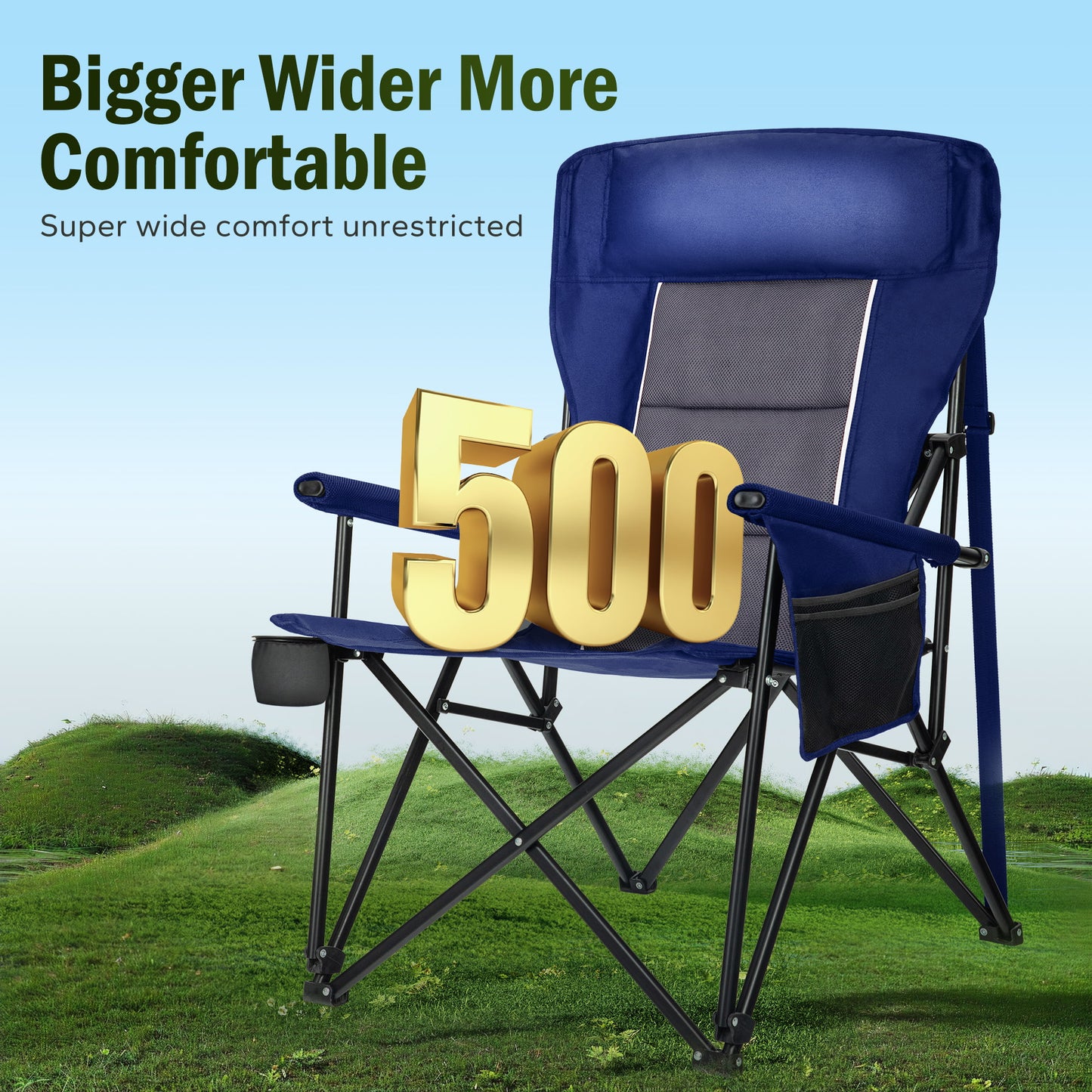 Captiva Designs Heavy Duty XL Camping Chair with Headrest, Cup Holder & Side Pocket, 500 lbs Capacity
