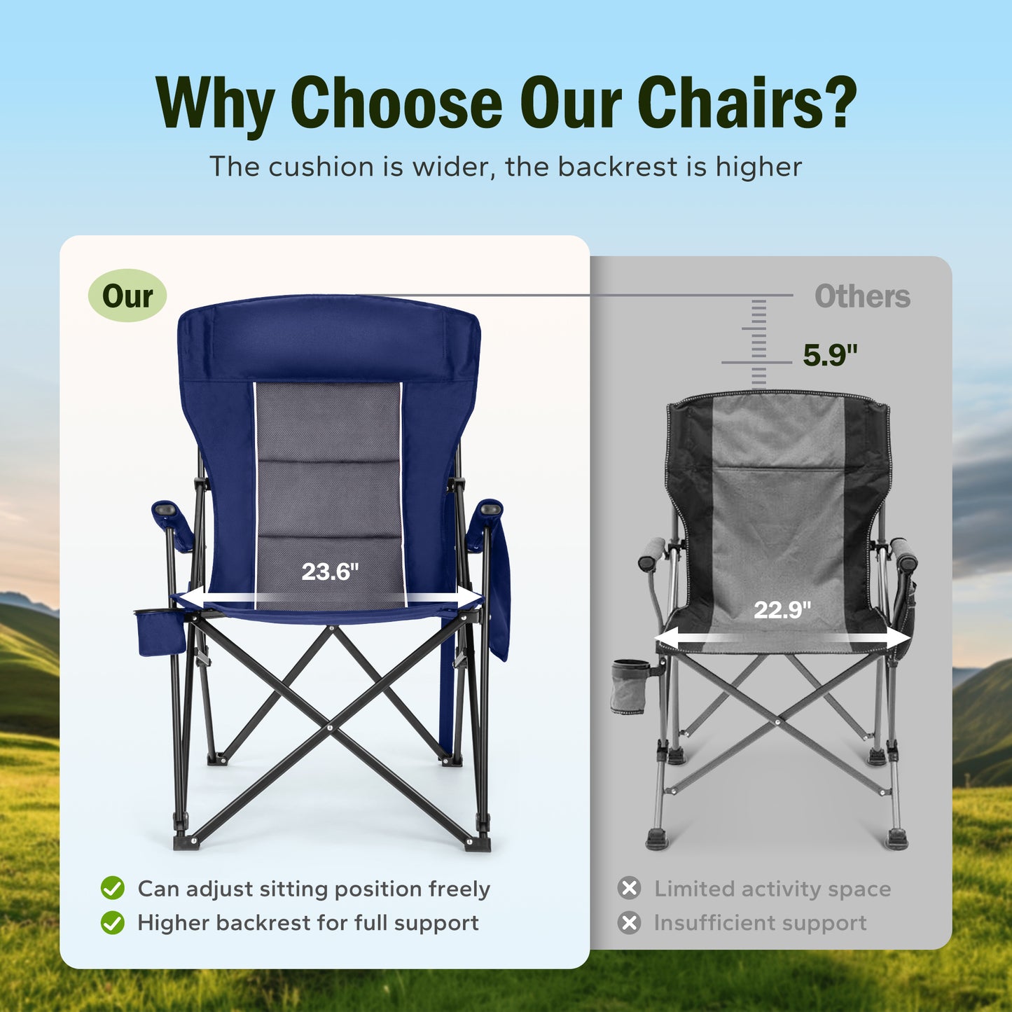 Captiva Designs Heavy Duty XL Camping Chair with Headrest, Cup Holder & Side Pocket, 500 lbs Capacity