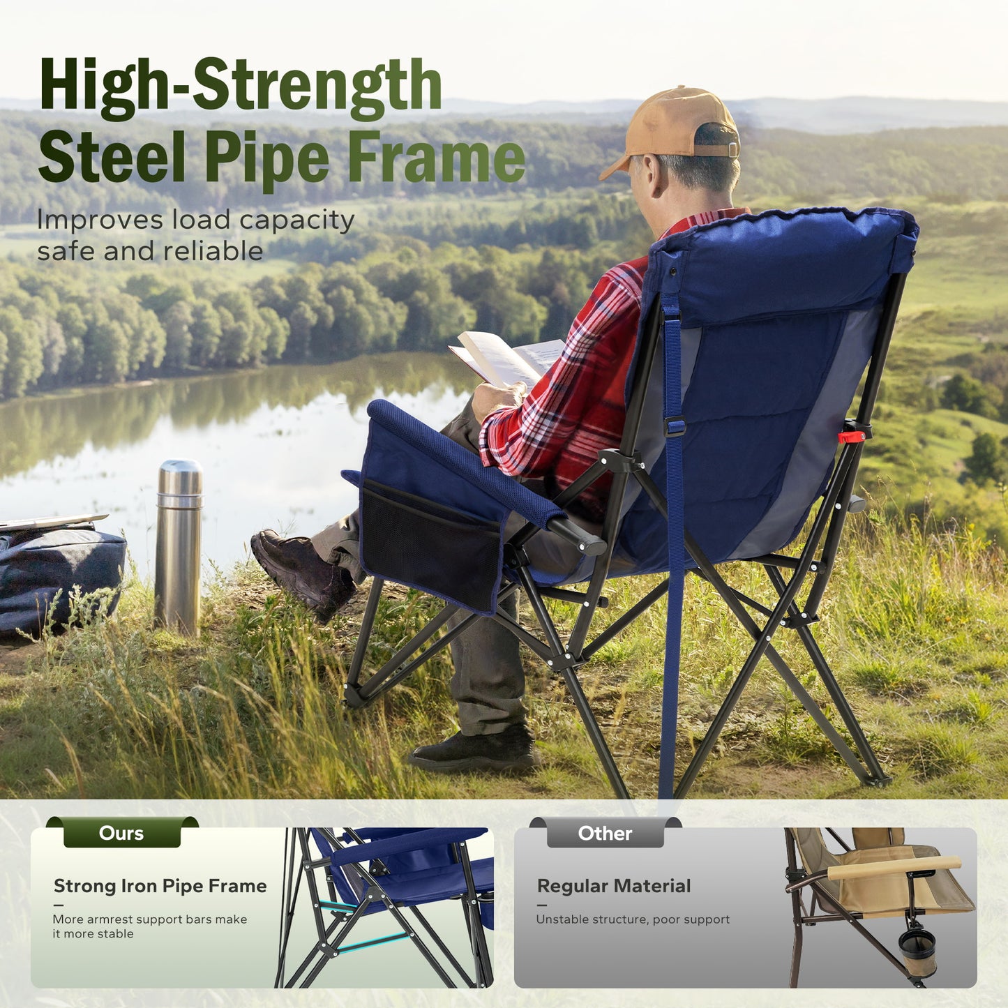 Captiva Designs Heavy Duty XL Camping Chair with Headrest, Cup Holder & Side Pocket, 500 lbs Capacity