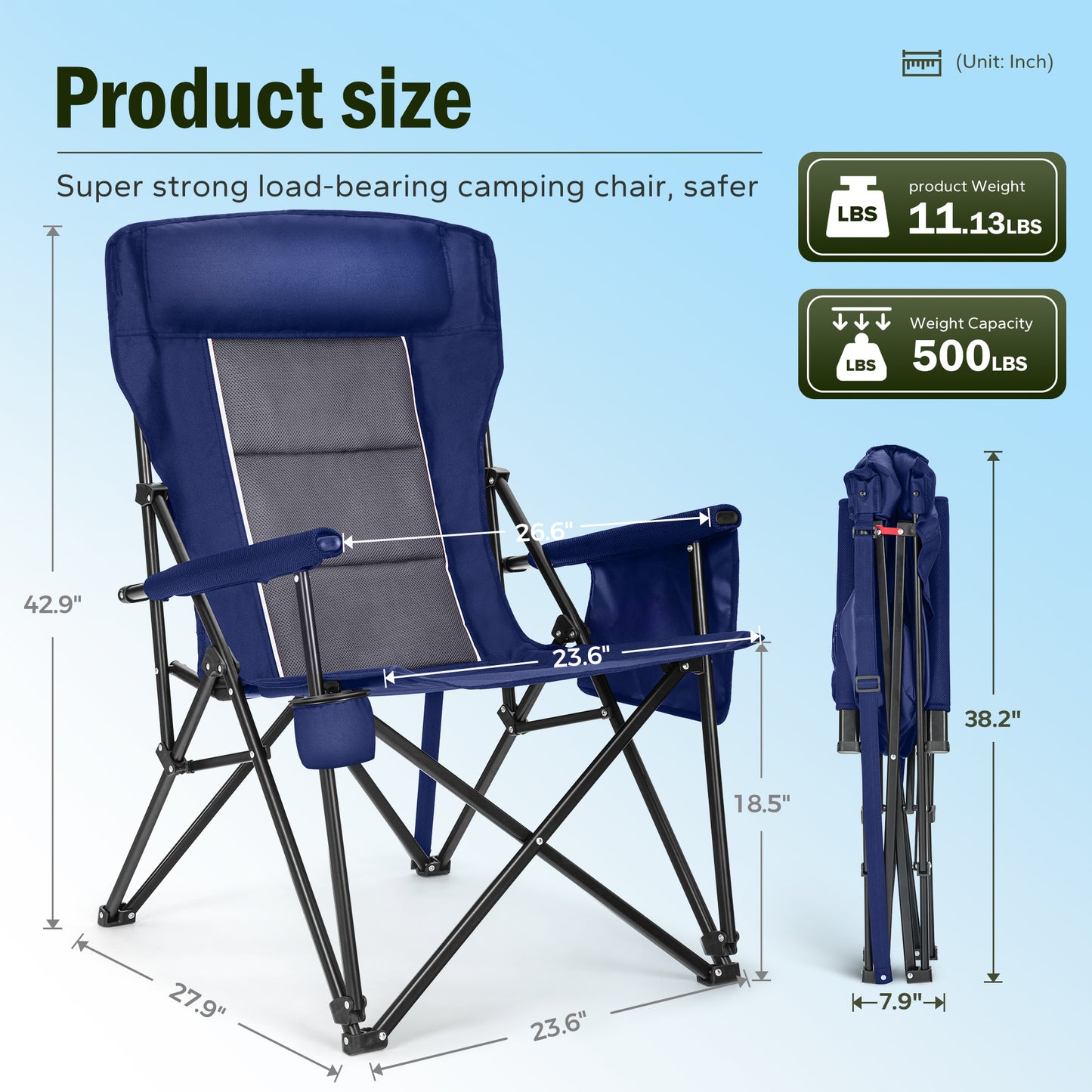 Captiva Designs Heavy Duty XL Camping Chair with Headrest, Cup Holder & Side Pocket, 500 lbs Capacity