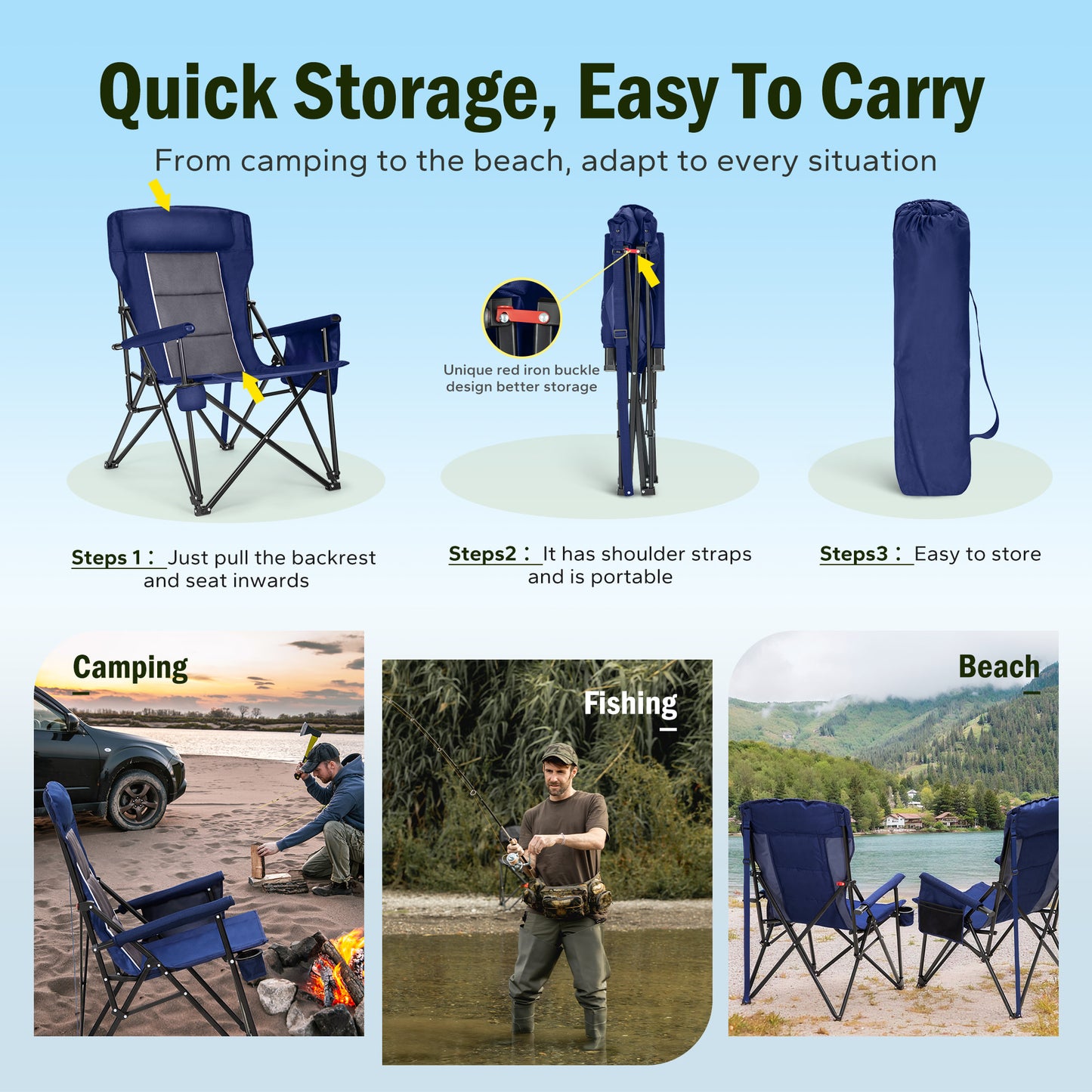 Captiva Designs Heavy Duty XL Camping Chair with Headrest, Cup Holder & Side Pocket, 500 lbs Capacity
