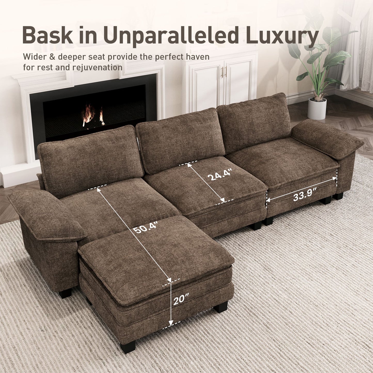 Captiva Designs Cloud Modular 4-Seater Sectional Sofa with L-Shaped Chaise and Movable Ottoman, Living Room Couch