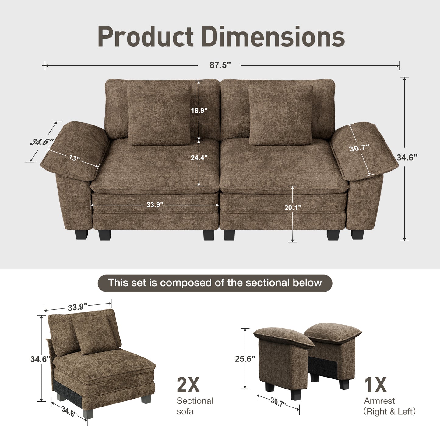 Captiva Designs Modular 2-Seater Loveseat Sofa, 87.5" Deep Sectional for Living Room & Bedroom