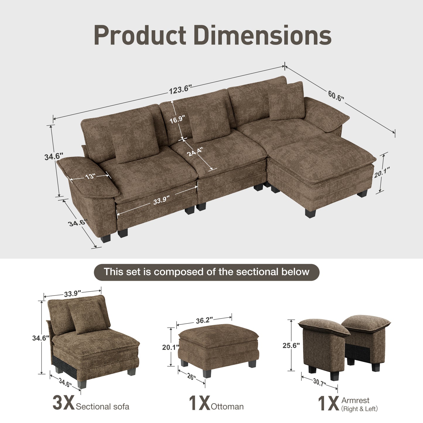 Captiva Designs Cloud Modular 4-Seater Sectional Sofa with L-Shaped Chaise and Movable Ottoman, Living Room Couch