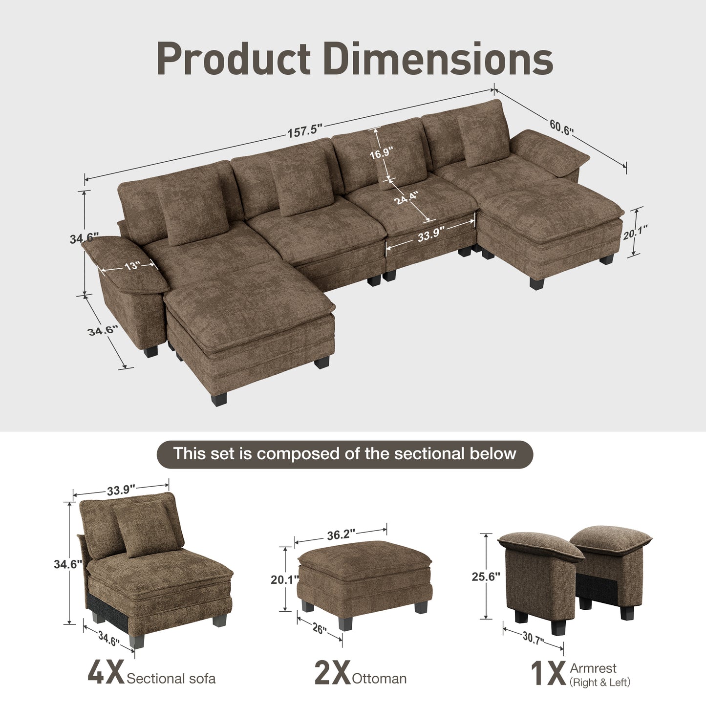 Captiva Designs Cloud Modular Sectional Sofa, 157.5" U-Shaped 6-Seater Couch with Ottomans