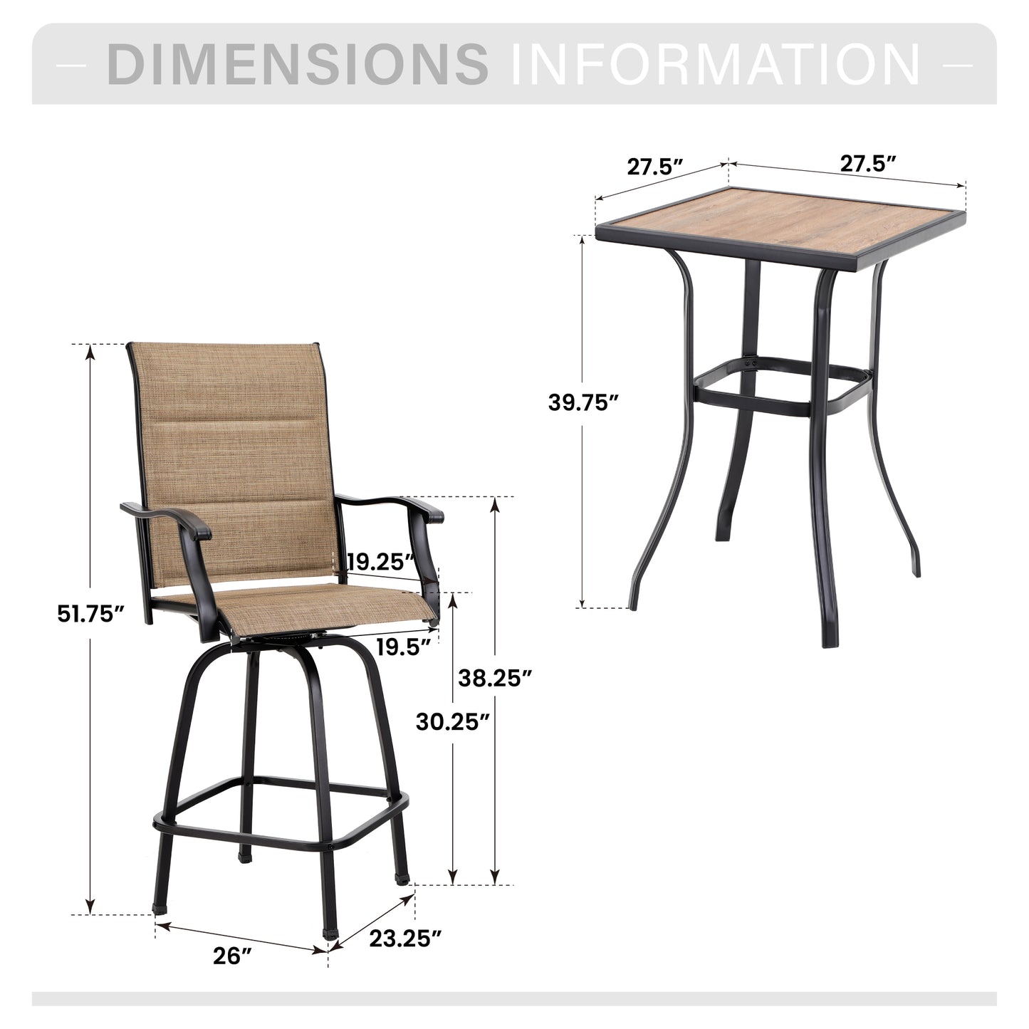 Captiva Designs 3Pc Outdoor Patio Dining Bar Set with Steel Steel Table & Sling Swivel Bar Stools