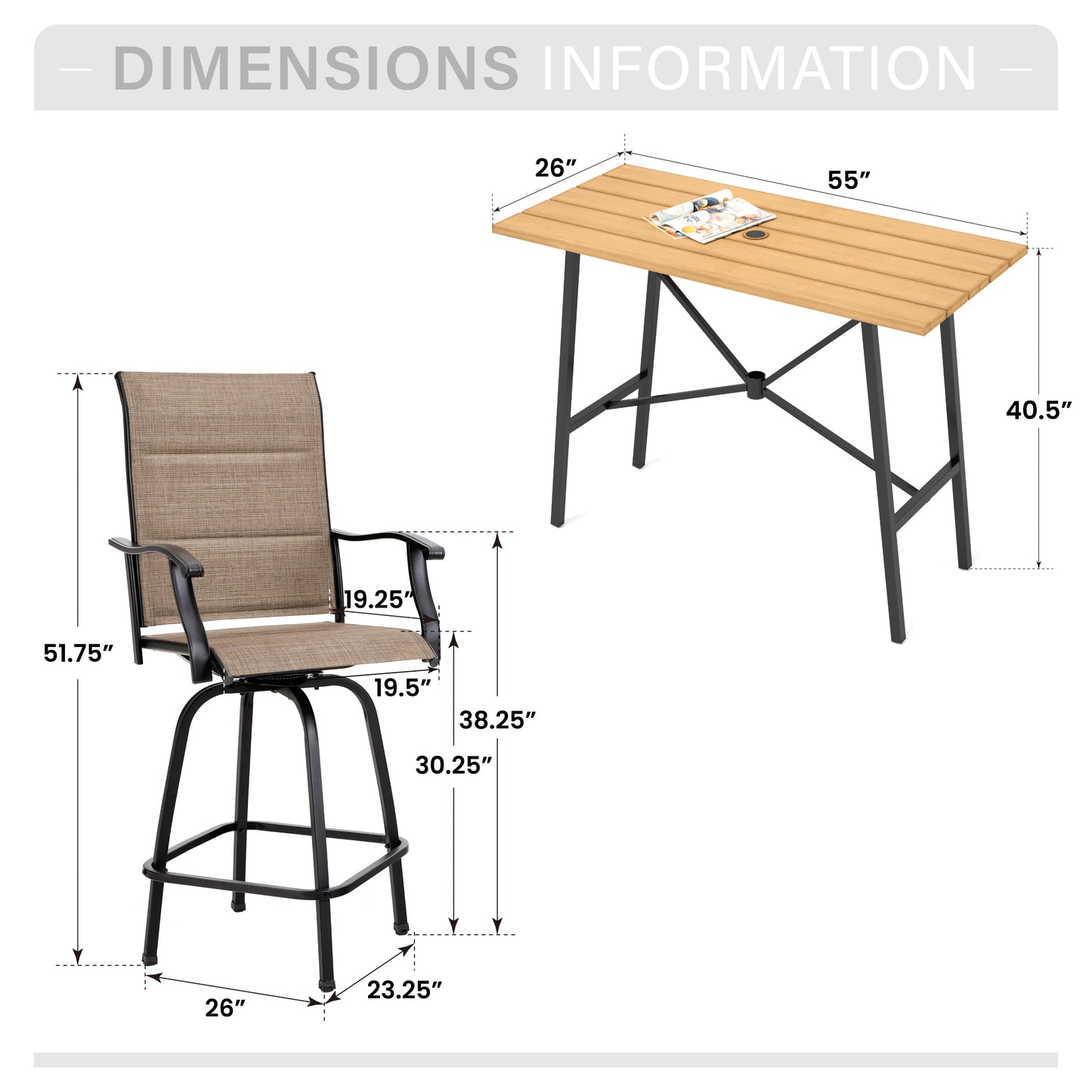 Captiva Designs 5pc Patio Slat-top Rectangle Wood-look Finished Metal Bar Table & Sling Swivel Bar Stools