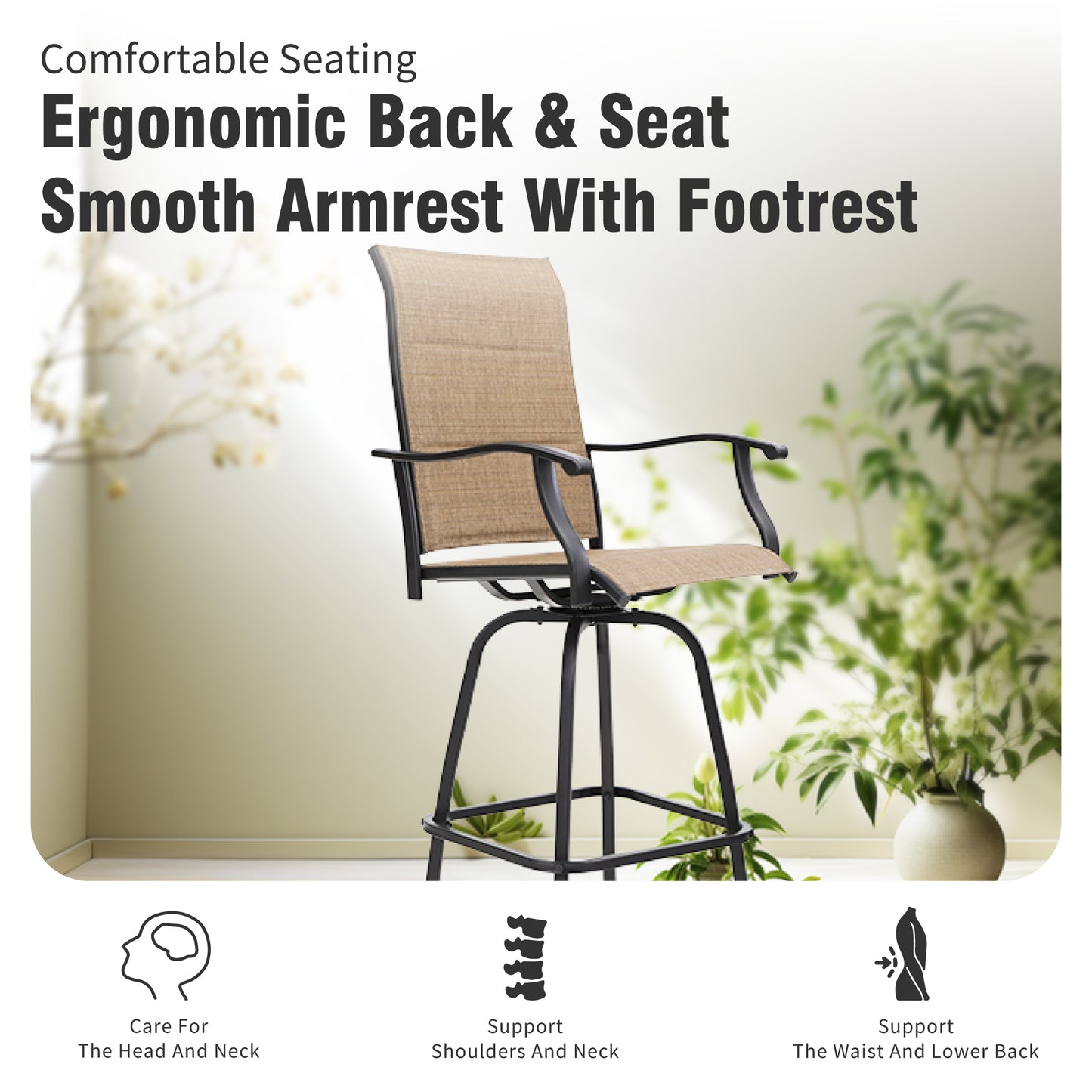Captiva Designs Outdoor Patio Breathable Textilene Sling High Bar Steel Stools with Stylish Armrests