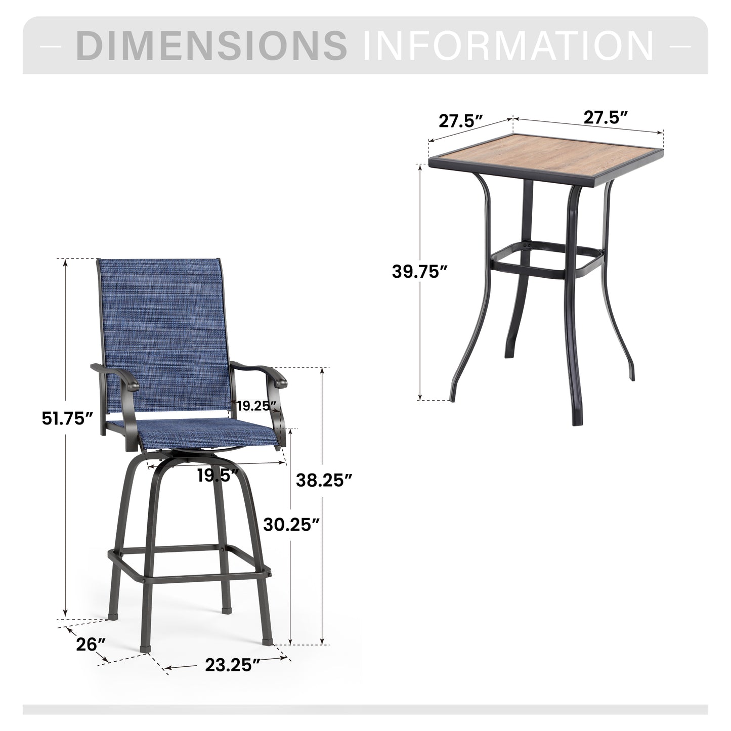Captiva Designs 3Pc Outdoor Patio Dining Bar Set with Steel Steel Table & Sling Swivel Bar Stools