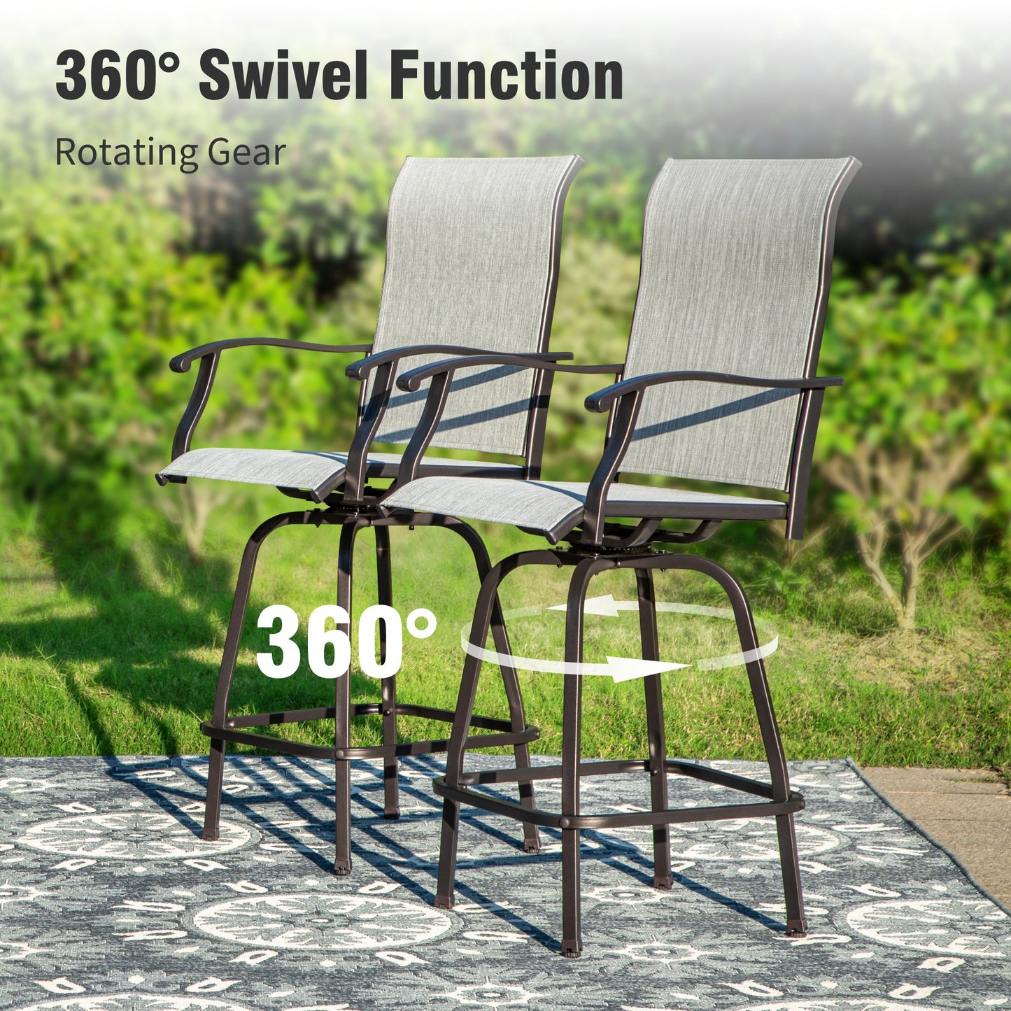 Captiva Designs 3Pc Outdoor Patio Dining Bar Set with Steel Steel Table & Sling Swivel Bar Stools