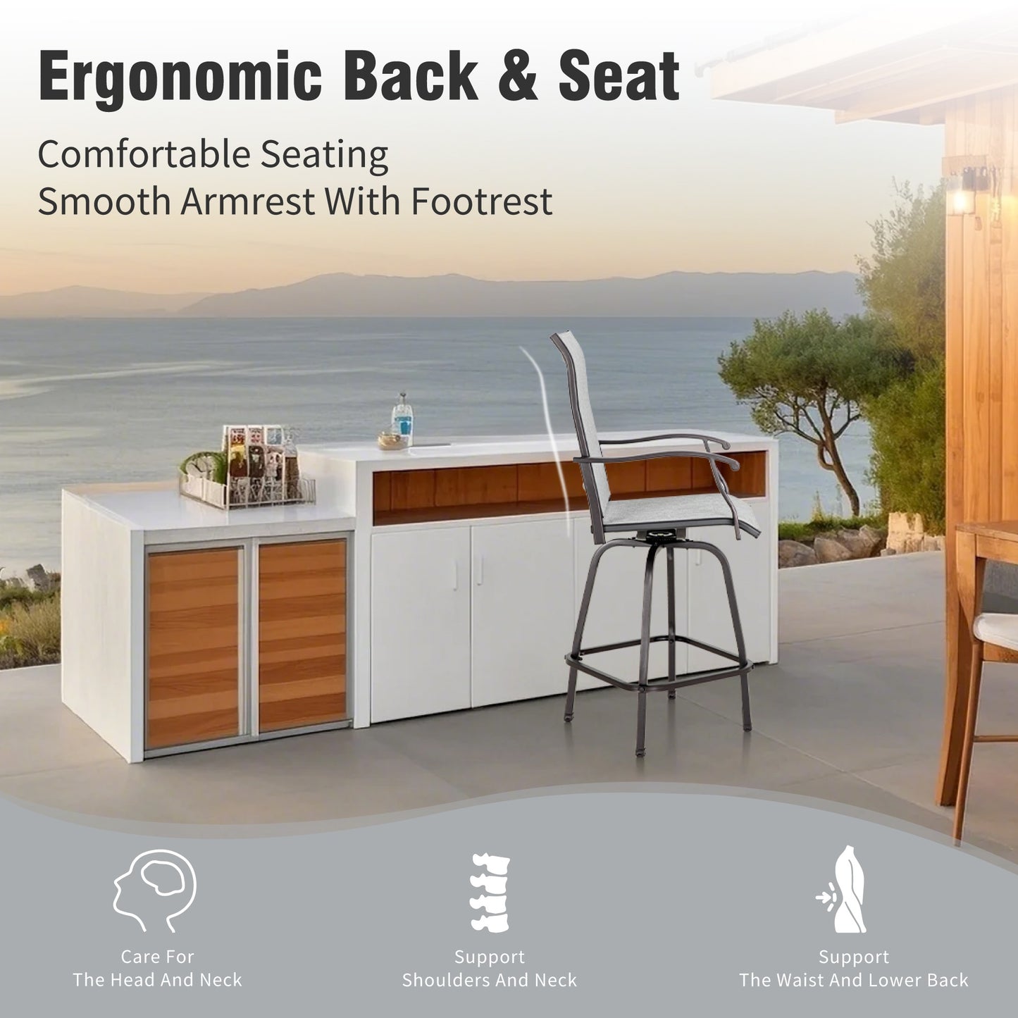 Captiva Designs 3Pc Outdoor Patio Dining Bar Set with Steel Steel Table & Sling Swivel Bar Stools