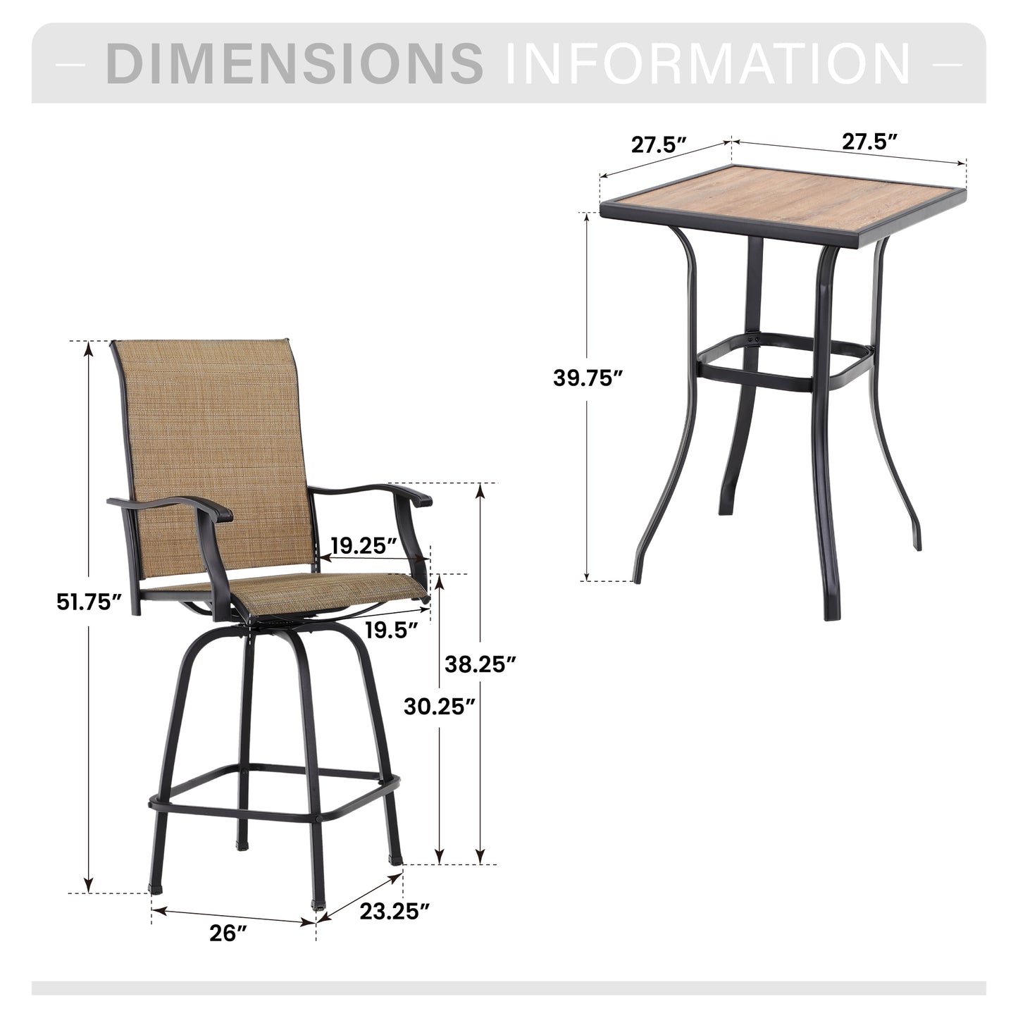 Captiva Designs 3Pc Outdoor Patio Dining Bar Set with Steel Steel Table & Sling Swivel Bar Stools