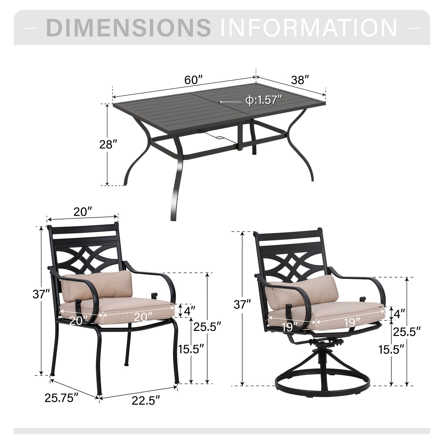 Captiva Designs 7pc Patio Dining Steel Table & Metal Chairs with Seat Cushions & Waist Pillows