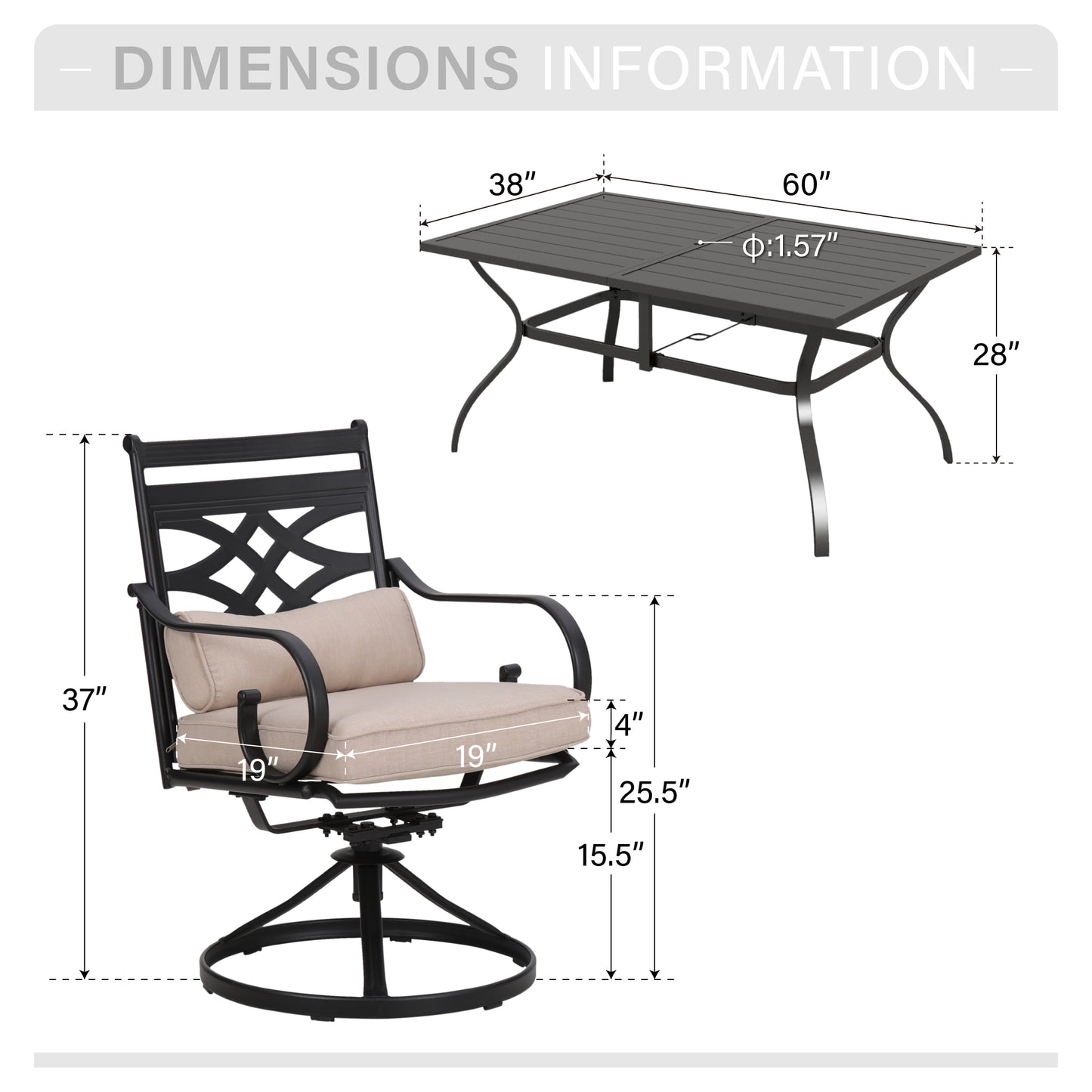 Captiva Designs 7pc Patio Dining Steel Table & Metal Chairs with Seat Cushions & Waist Pillows