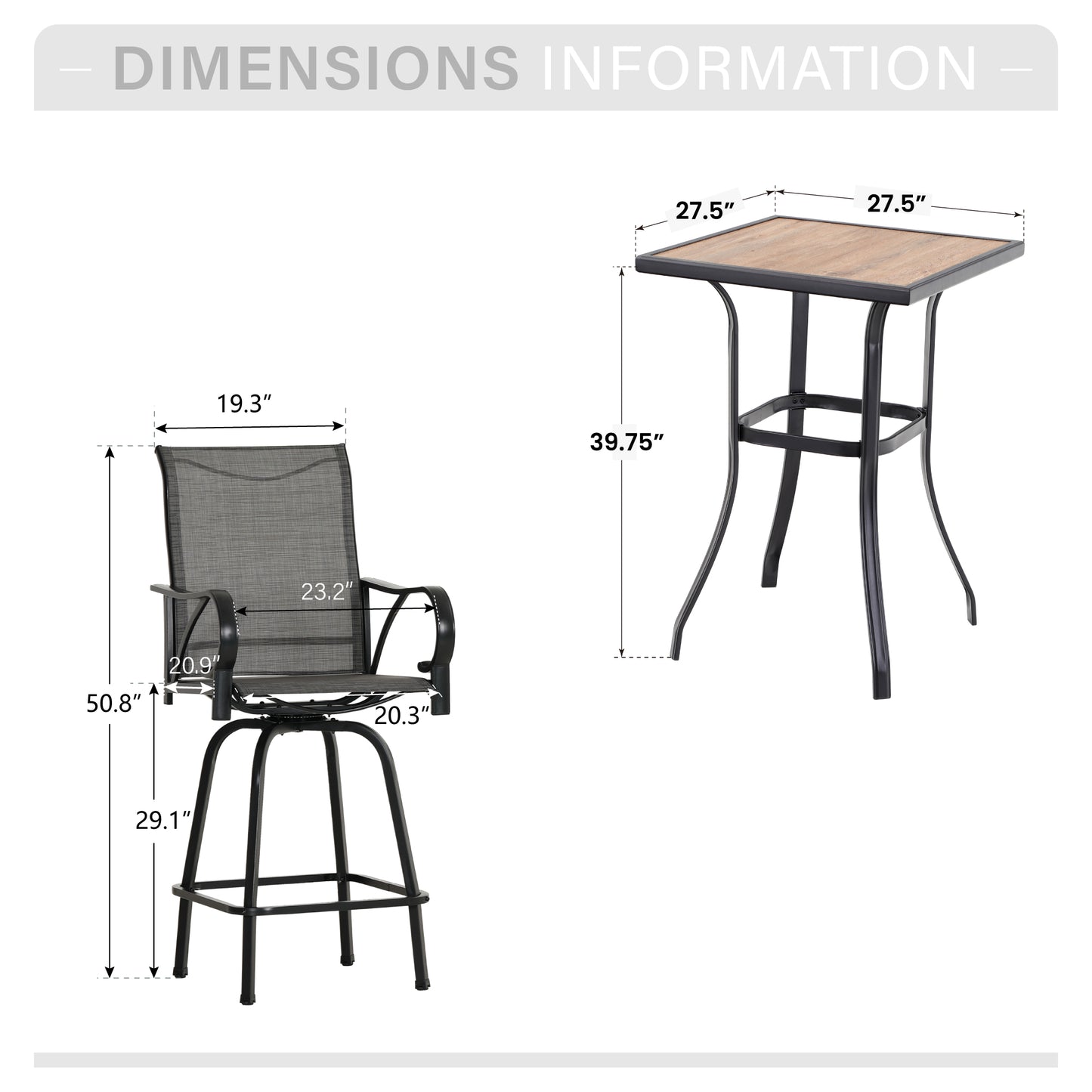 Captiva Designs 3Pc Outdoor Patio Dining Bar Set with Steel Steel Table & Sling Swivel Bar Stools
