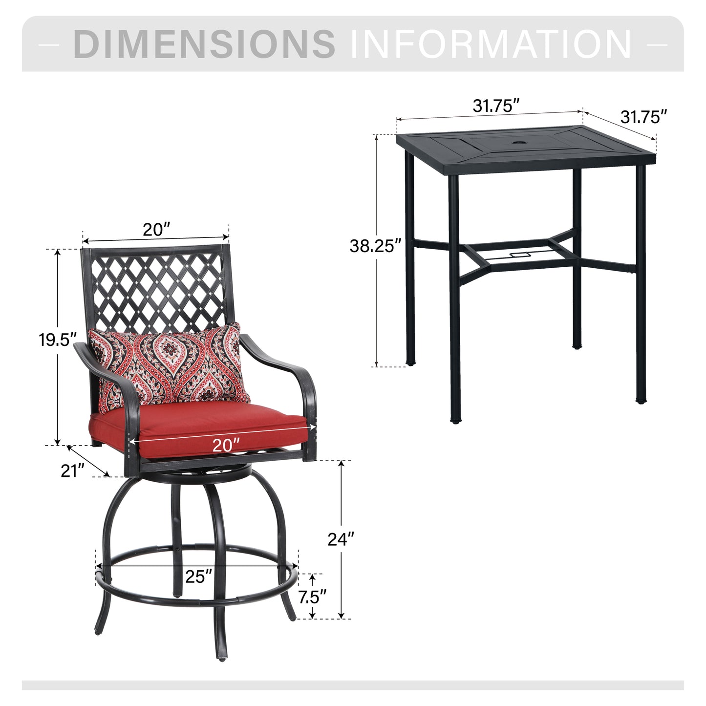 Captiva Designs 3pc Outdoor Patio Metal Bar Height Table & Bar Swivel Chair with Cushion and Armrest