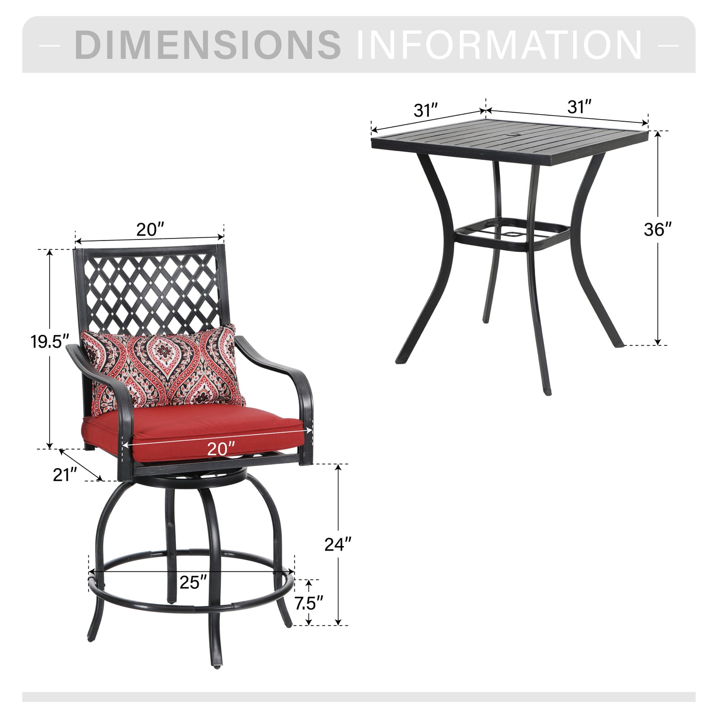 Captiva Designs 3pc Outdoor Patio Metal Bar Height Table & Bar Swivel Chair with Cushion and Armrest