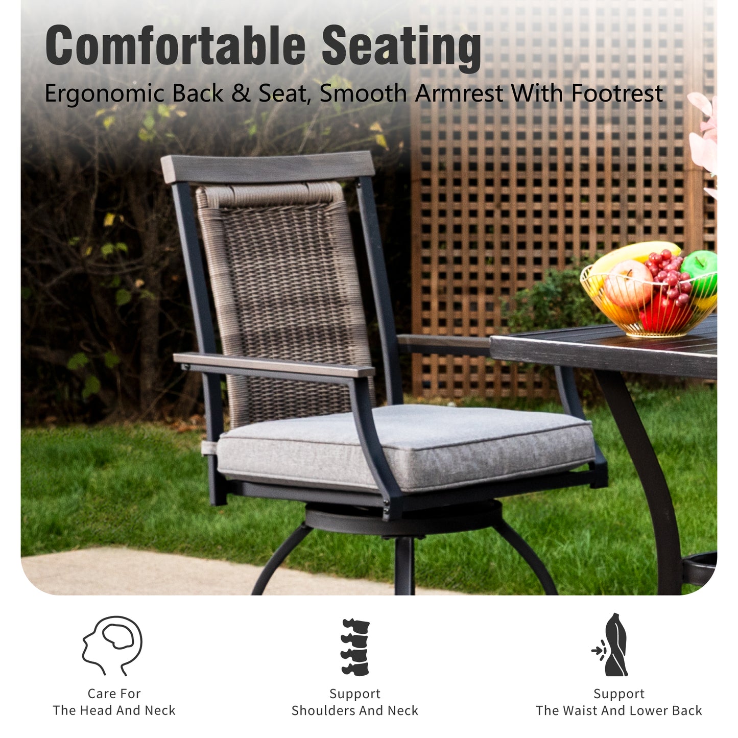 Captiva Designs 3pc Outdoor Patio Metal Bar Height Table & Bar Swivel Chair with Cushion and Armrest