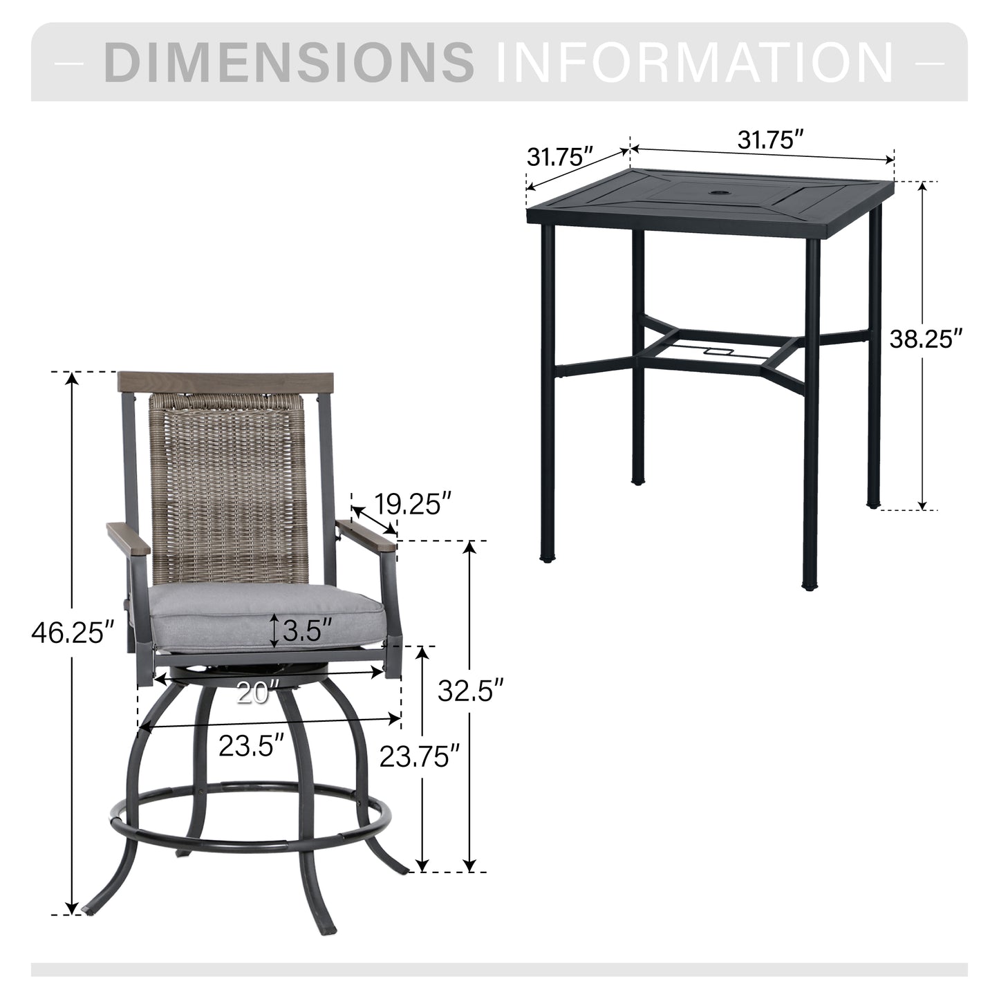 Captiva Designs 3pc Outdoor Patio Metal Bar Height Table & Bar Swivel Chair with Cushion and Armrest