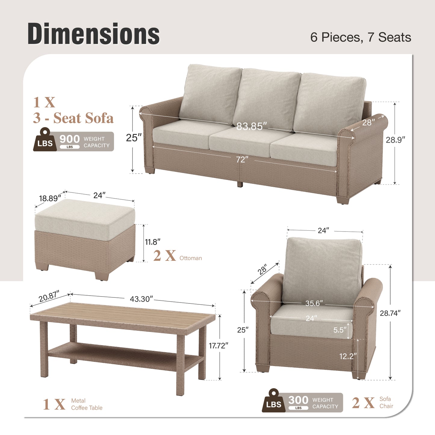 Captiva Designs 6 Piece Luxury Wicker Patio Conversation Sofa Set with Curved Armrests with Cushions