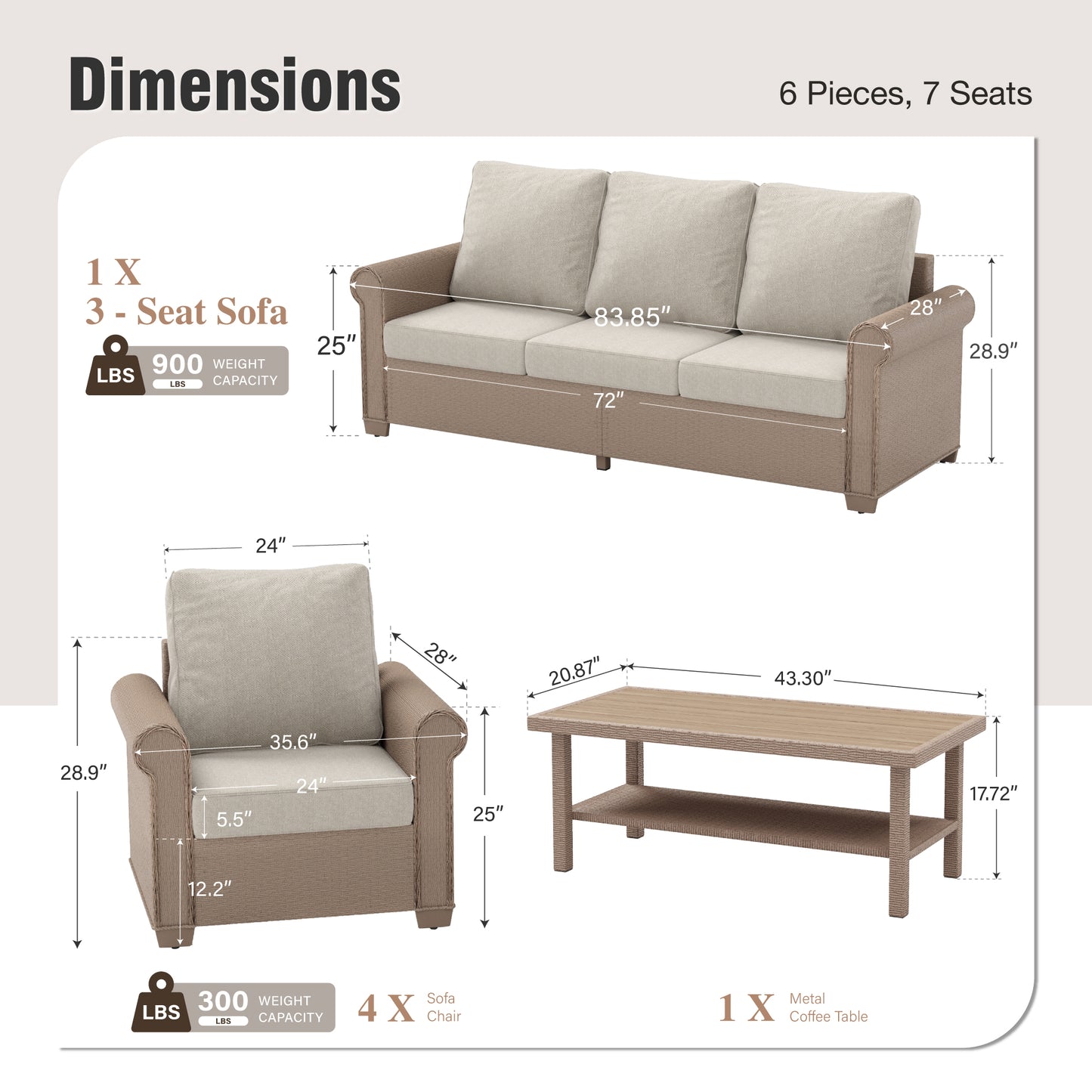 Captiva Designs 6 Piece Luxury Wicker Patio Conversation Sofa Set with Curved Armrests with Cushions