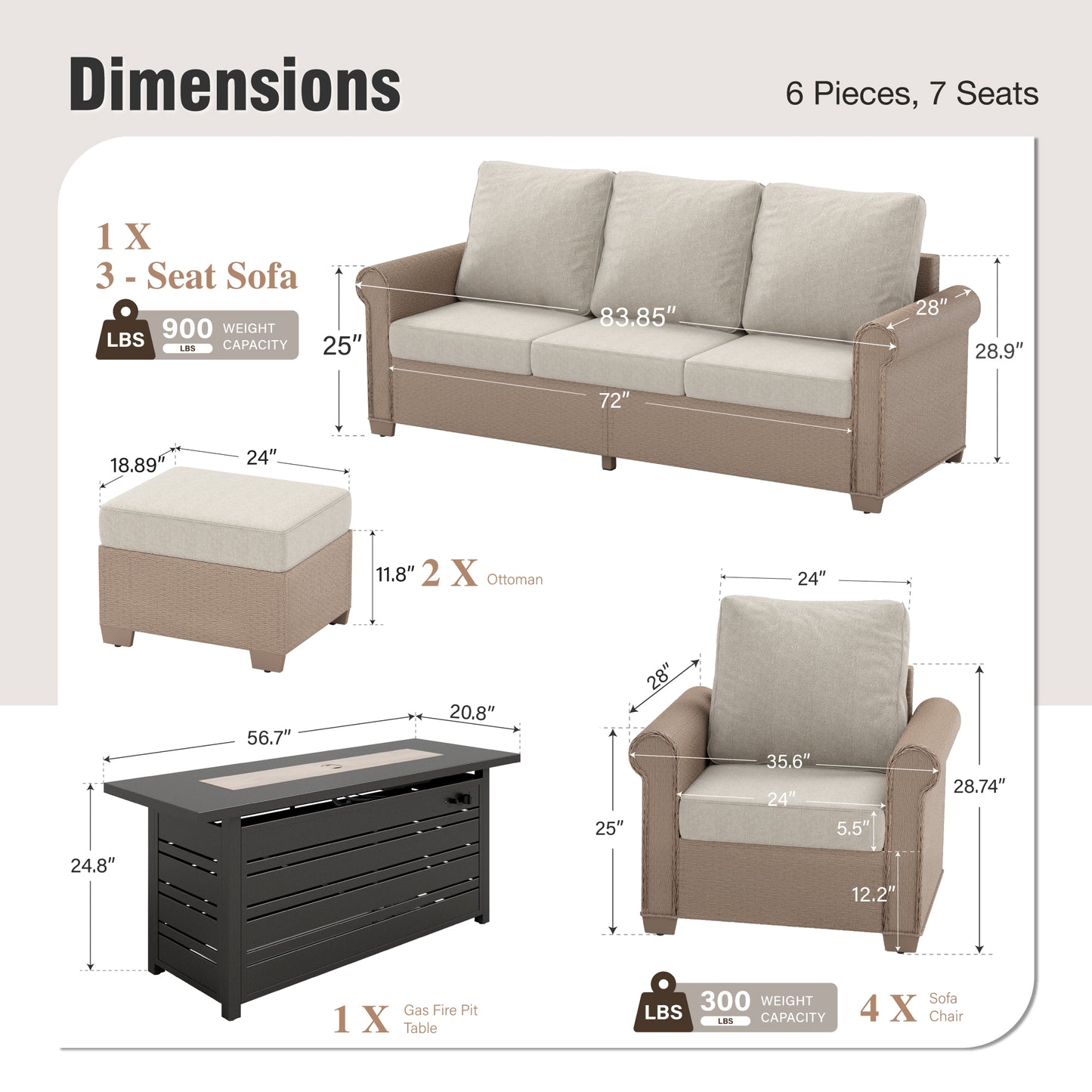 Captiva Designs Luxury Wicker Patio Conversation Fire Pit Set with Curved Armrests with Cushions