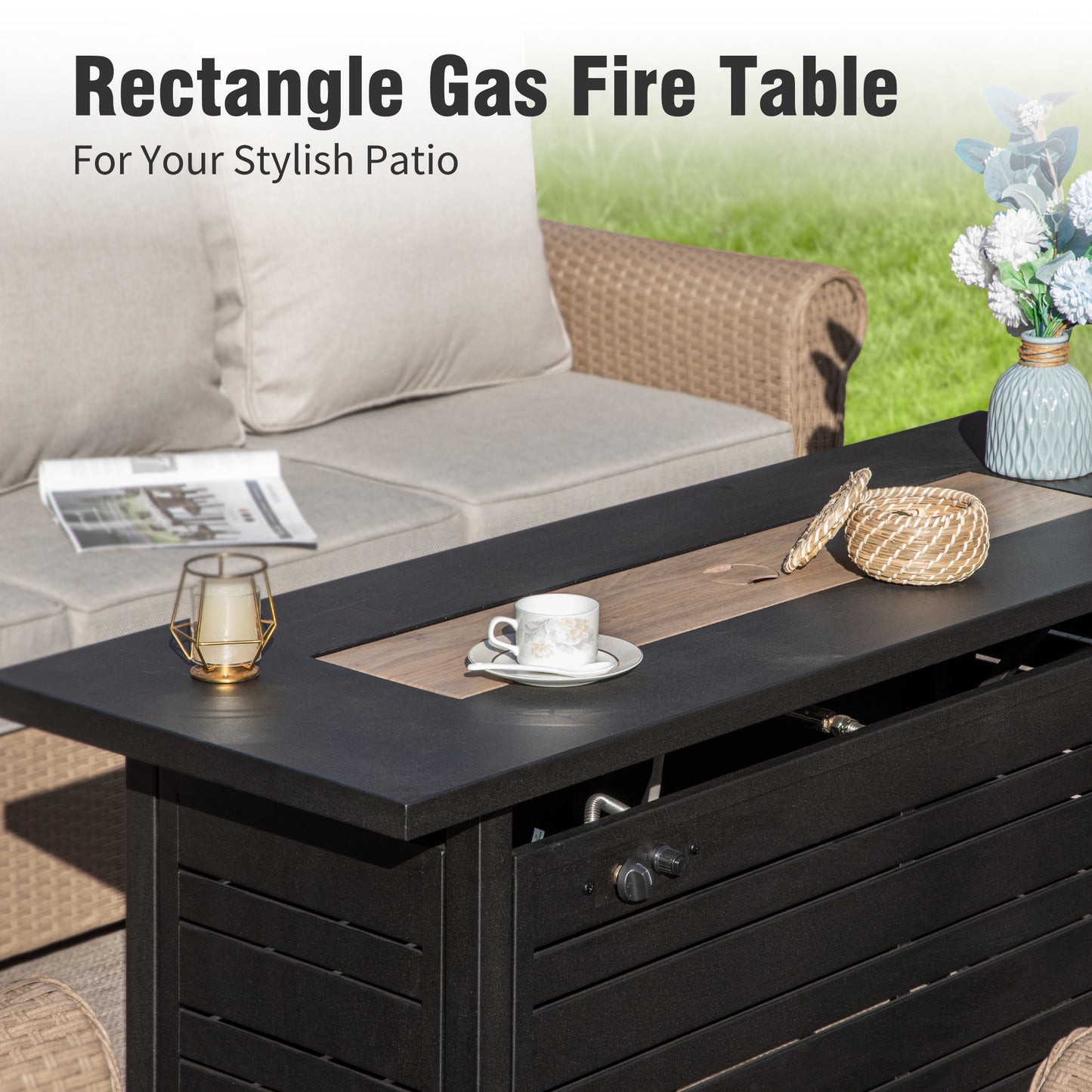 Captiva Designs Luxury Wicker Patio Conversation Fire Pit Set with Curved Armrests with Cushions