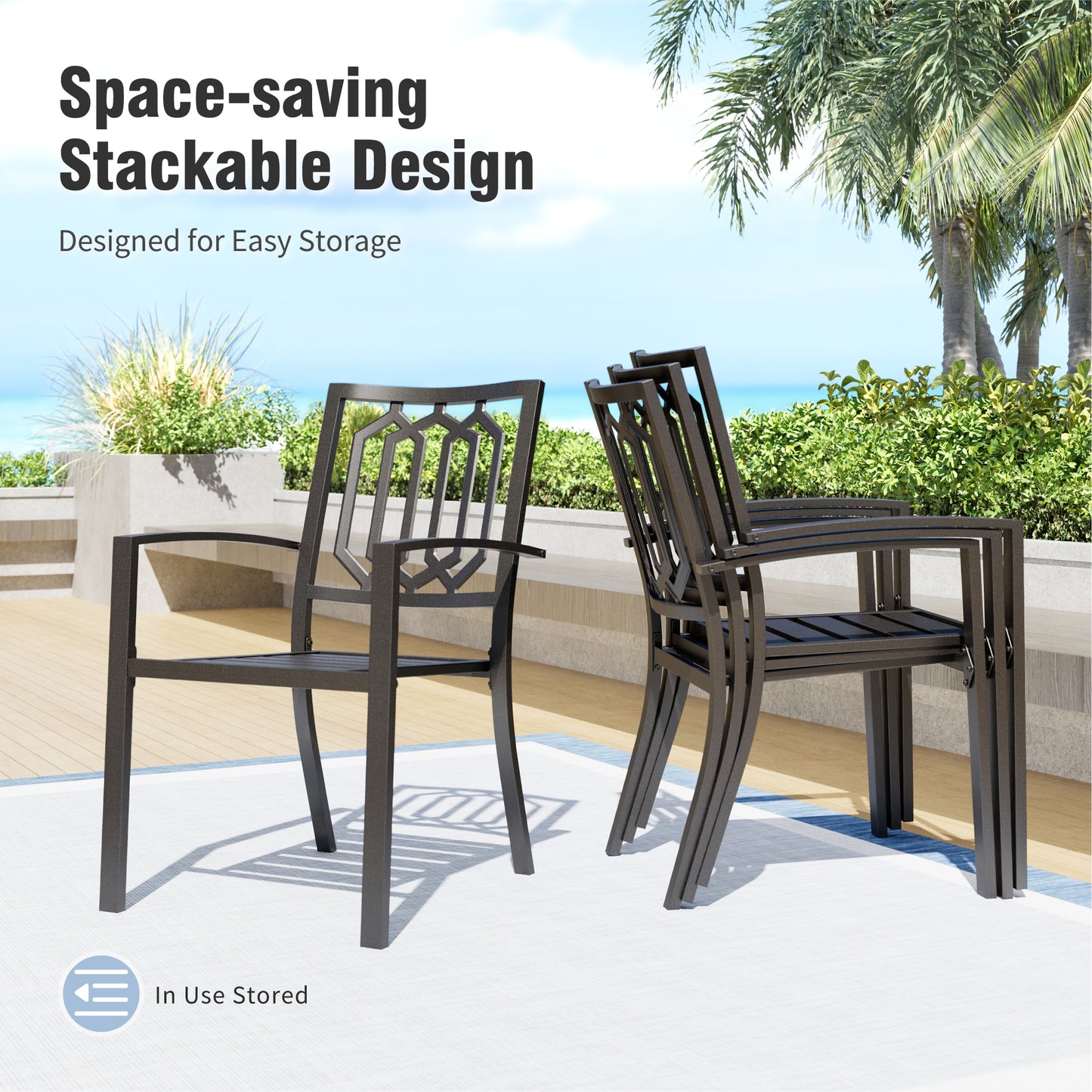 Captiva Designs 3pc Outdoor Patio Slatted Tabletop Square Dining Steel Table & Arm Chairs