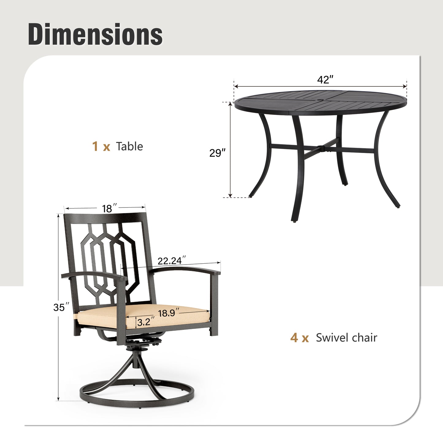 Captiva Designs 5 件套露台餐厅钢制套装，配有带顶板的圆桌和可叠放的椅子，带有网格图案