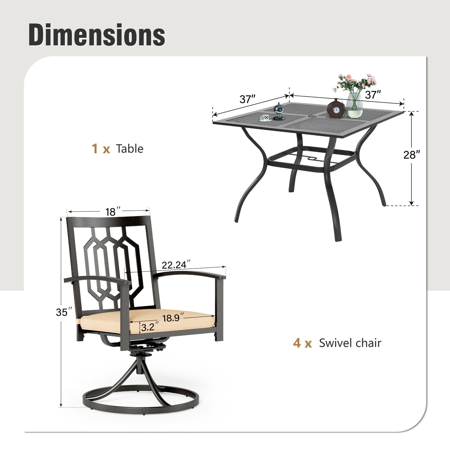Captiva Designs 5pc Outdoor Patio Dining Set with Mesh Top Square Steel Table and Metal Chairs