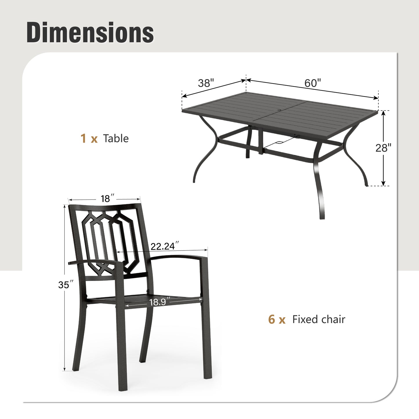 Captiva Designs 7 件套露台餐桌椅套装，配有带板顶的矩形桌子和带剥离式靠背的金属可堆叠椅子