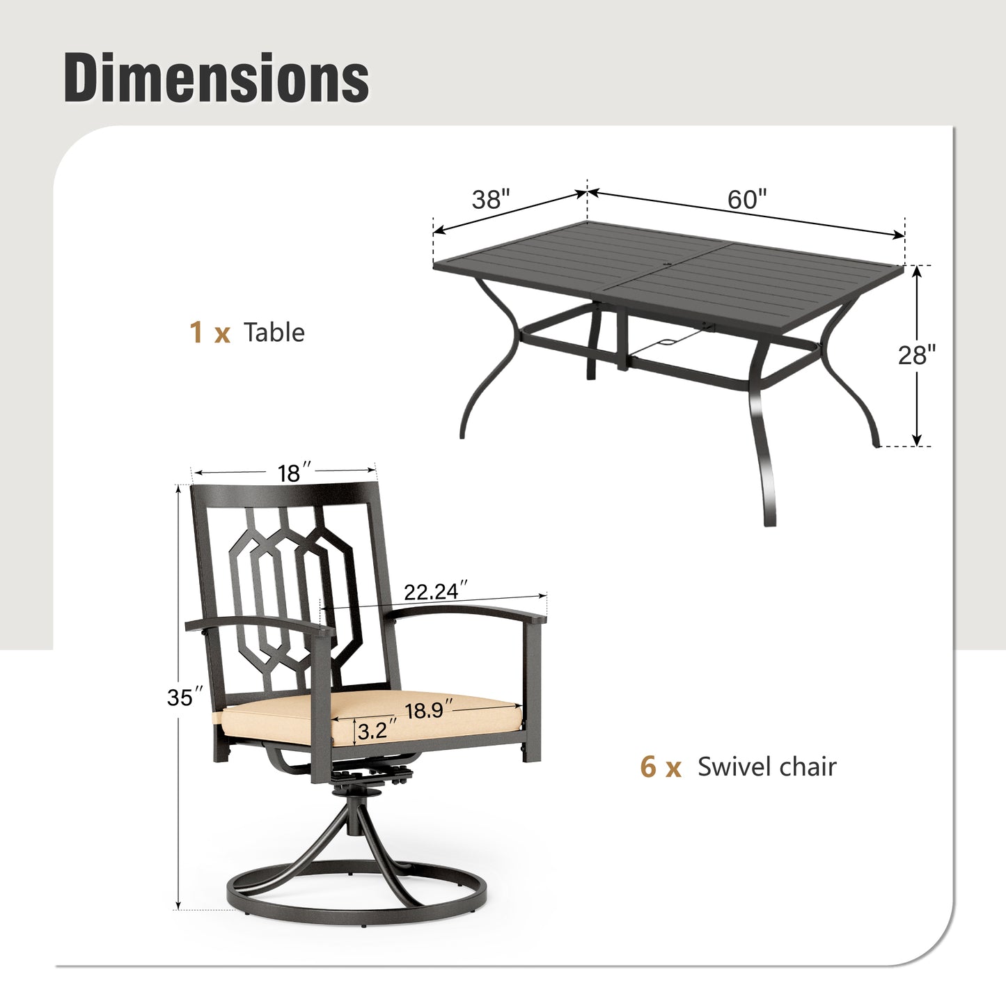 Captiva Designs 7 件套露台餐厅板顶矩形桌子和旋转椅，带靶心图案