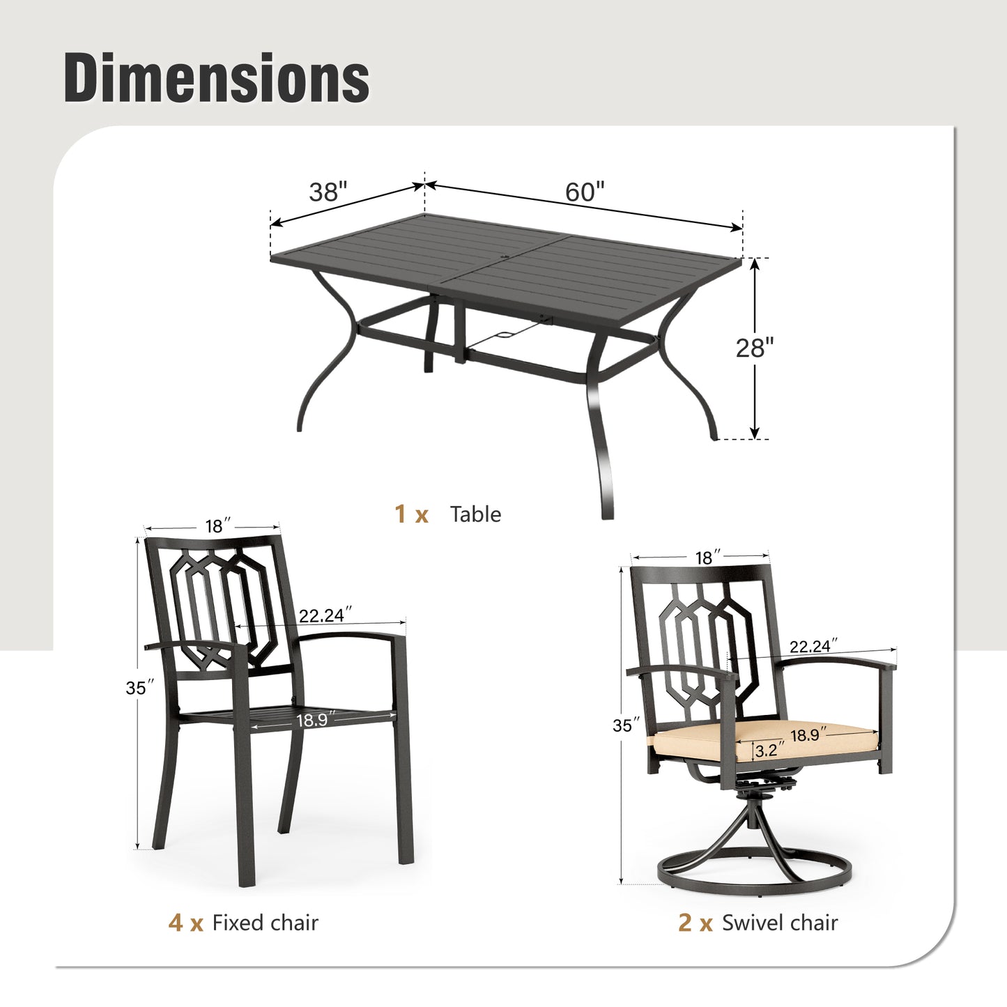Captiva Designs 7 件套露台餐桌椅套装，配有带顶板的矩形桌子、可叠放的固定椅子和旋转钢椅