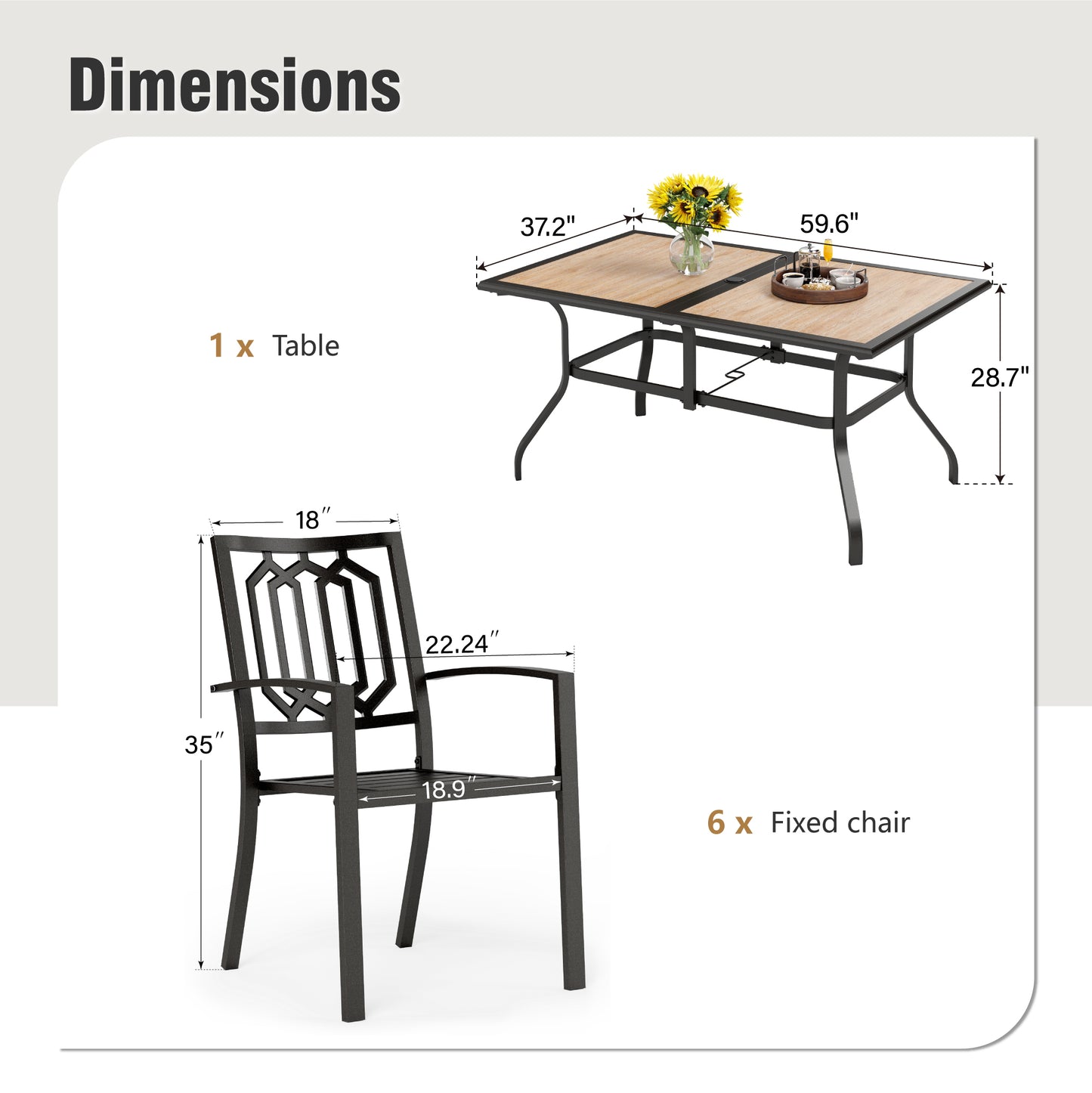 Captiva Designs 7pc Patio Dining Set with Wood-look Rectangle Steel Table & Stylish Back Metal Chairs