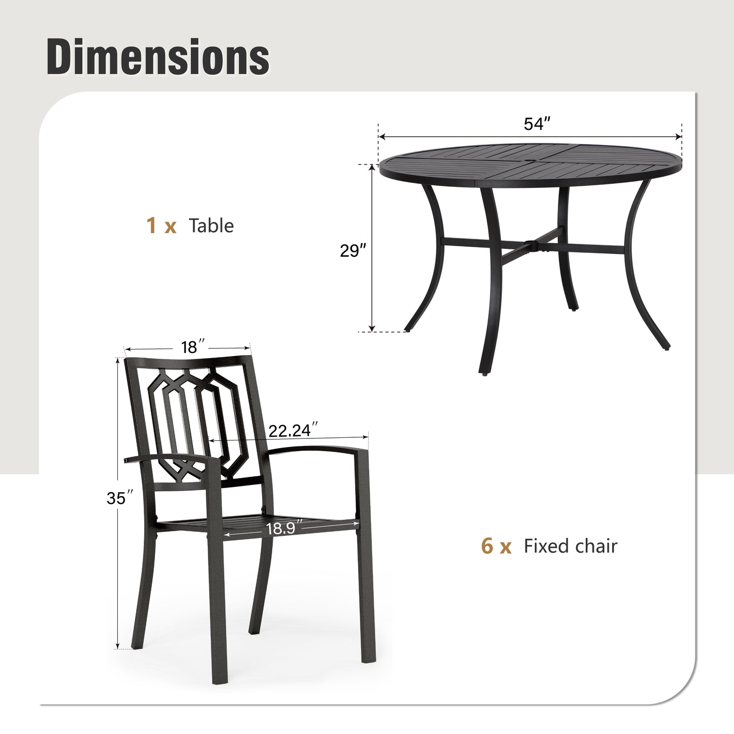 Captiva Designs 7 件套黑色圆形板条钢桌，带伞孔和金属可堆叠椅子