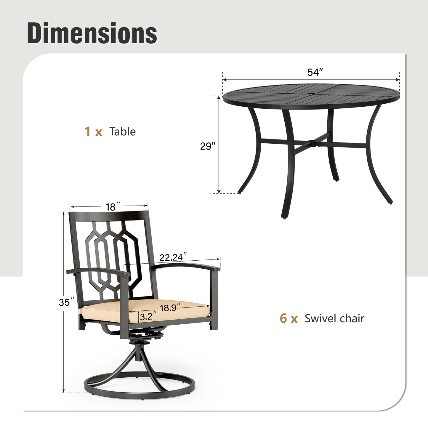 Captiva Designs 7 件套黑色圆形板条钢桌，带伞孔和金属可堆叠椅子