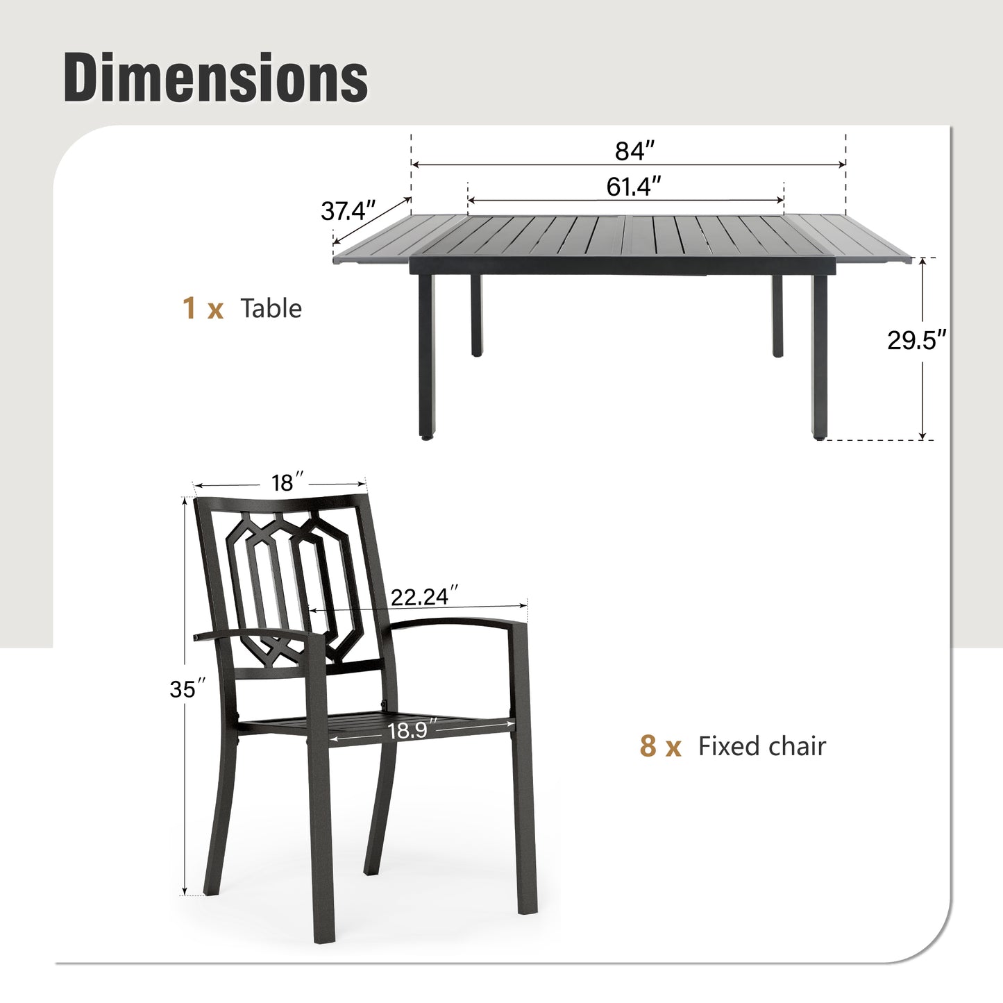 Captiva Designs 9 件套露台板顶可调节钢制矩形桌和金属可叠放椅子，带剥离式靠背