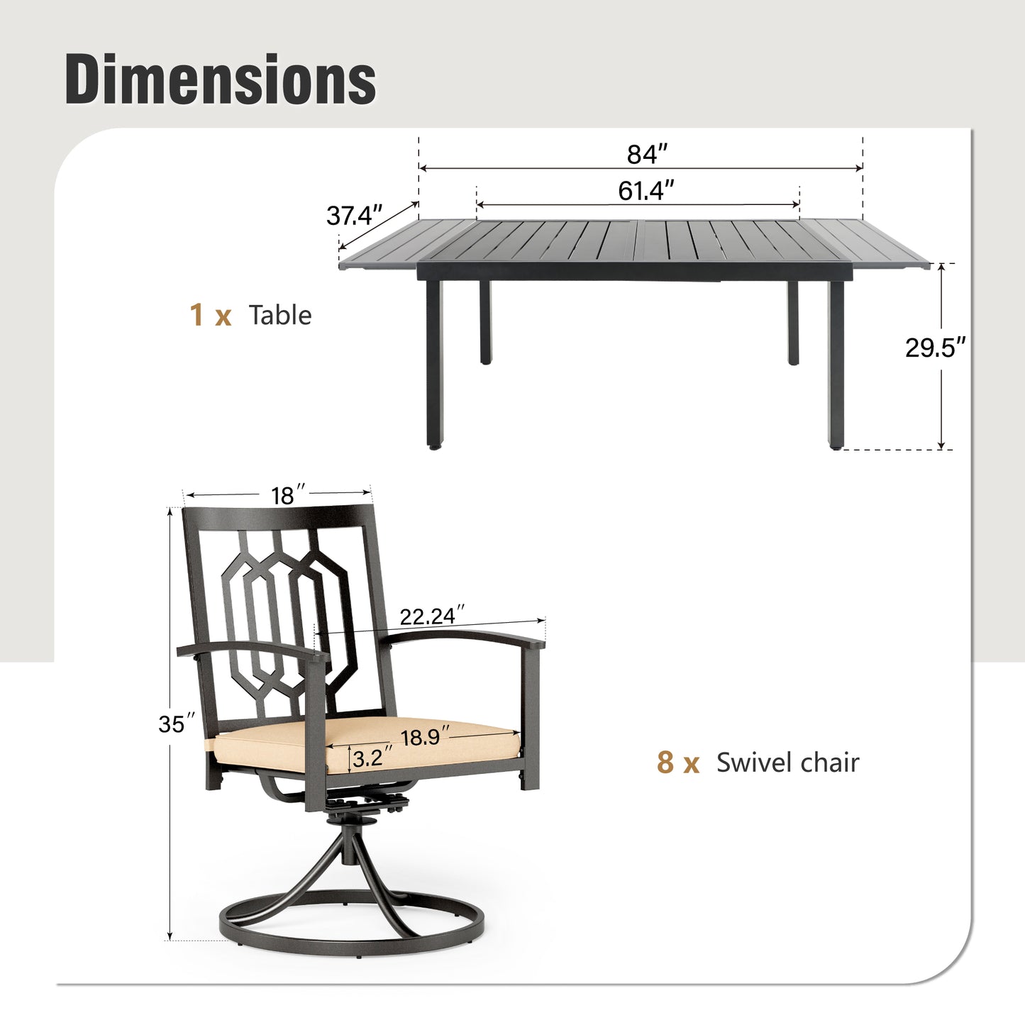 Captiva Designs 9pc Patio Slat-top Adjustable Steel Rectangle Dining Table & Black Metal Chairs