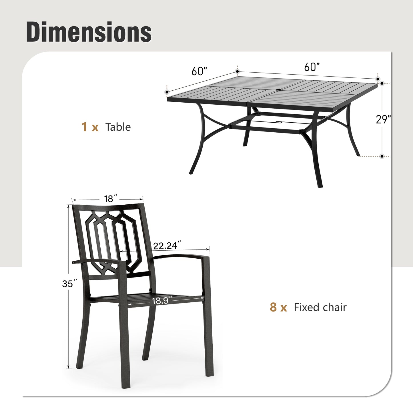 Captiva Designs 9 件套宽敞方形金属板顶桌，带伞孔和金属可叠放椅子，带剥离式靠背