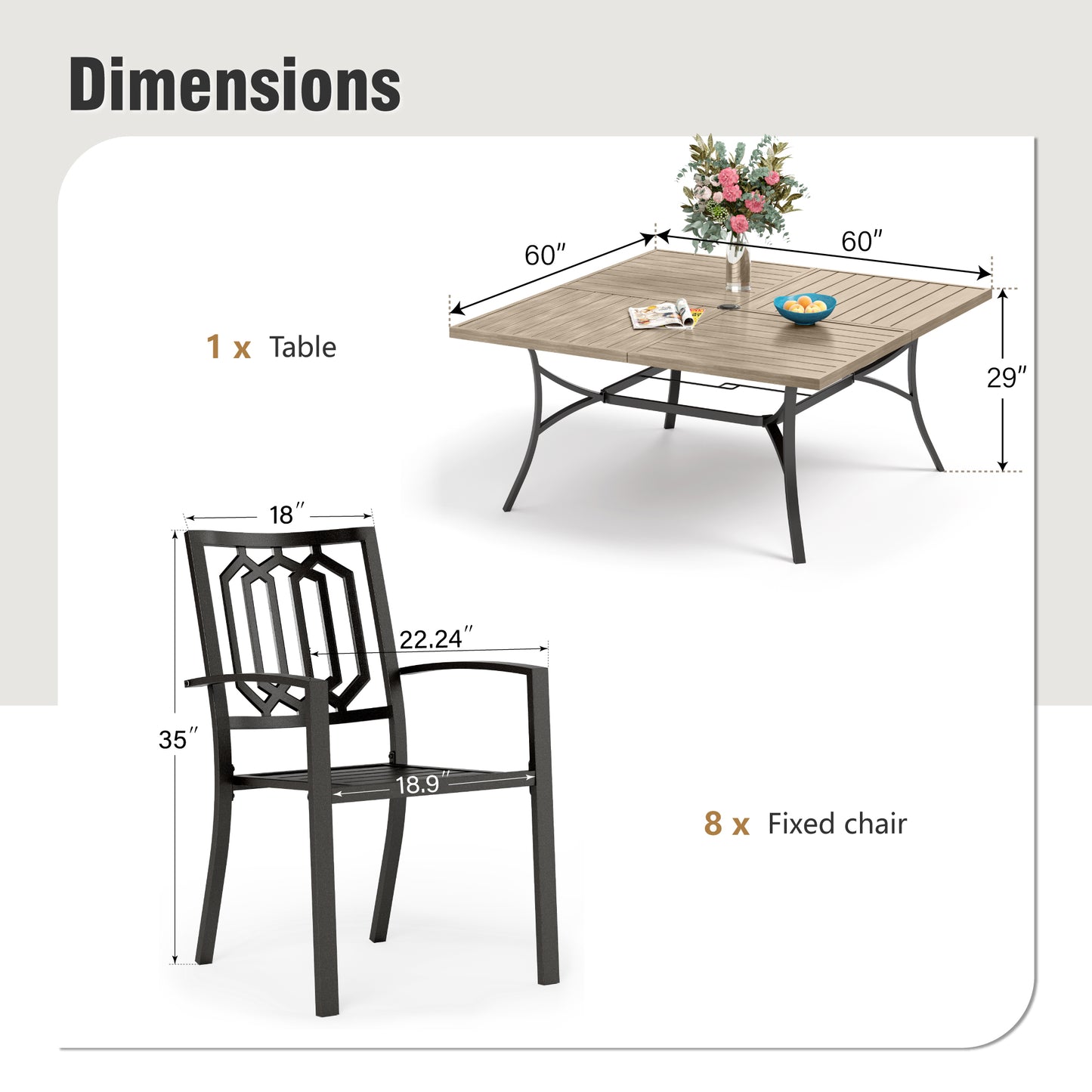 Captiva Designs 9 件套宽敞方形金属板顶桌，带伞孔和金属可叠放椅子，带剥离式靠背